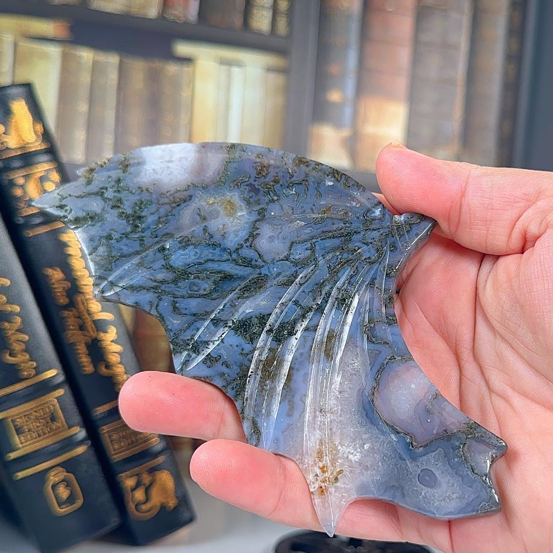 Druzy Blue Moss Agate Wings | Crystal Carving Statement Piece | US Seller