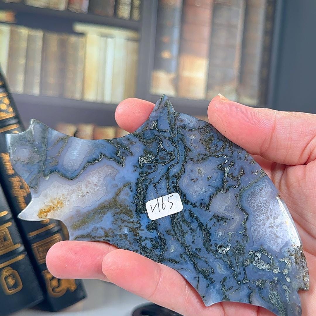 Druzy Blue Moss Agate Wings | Crystal Carving Statement Piece | US Seller