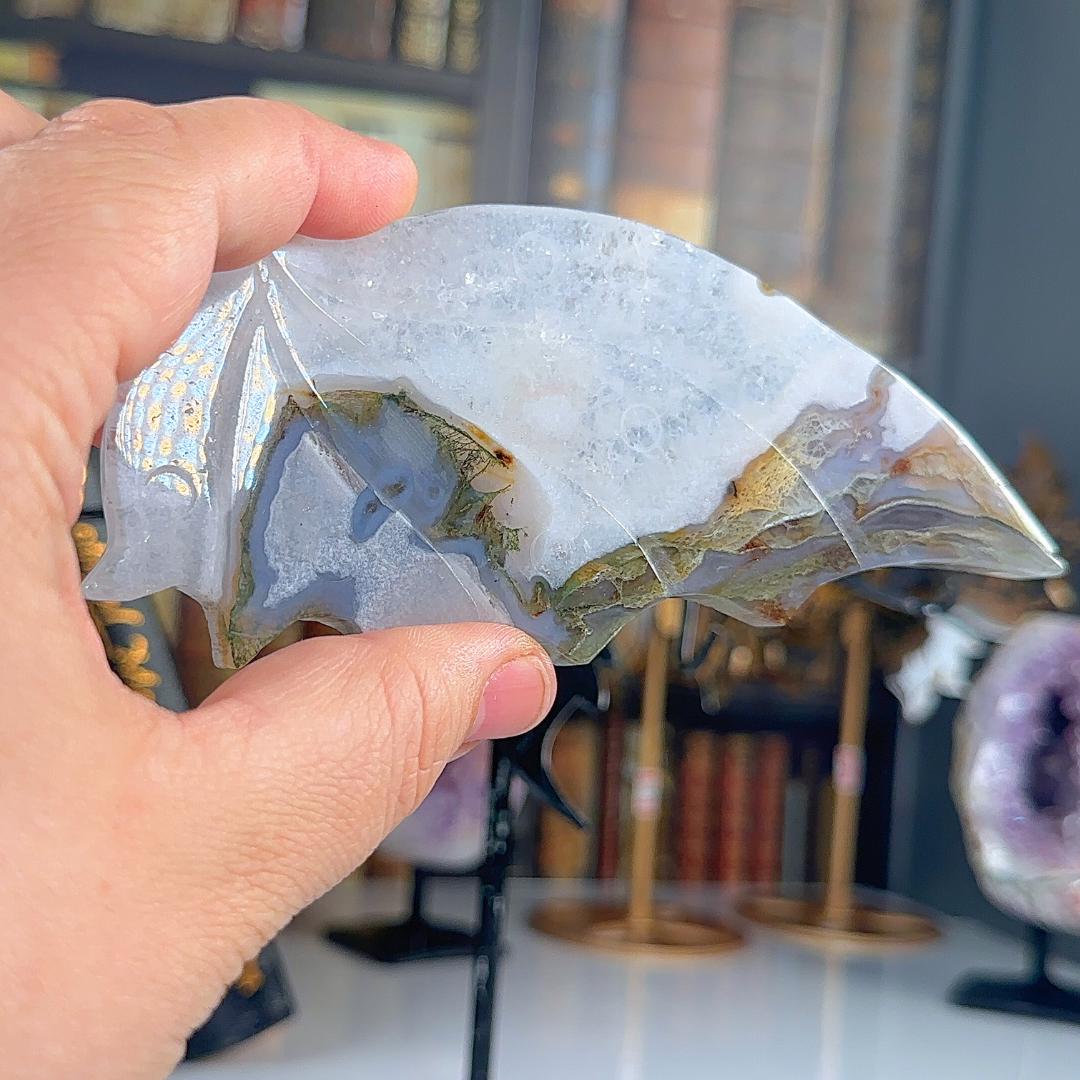 Druzy Moss Agate Wings | Crystal Carving Statement Piece | US Seller