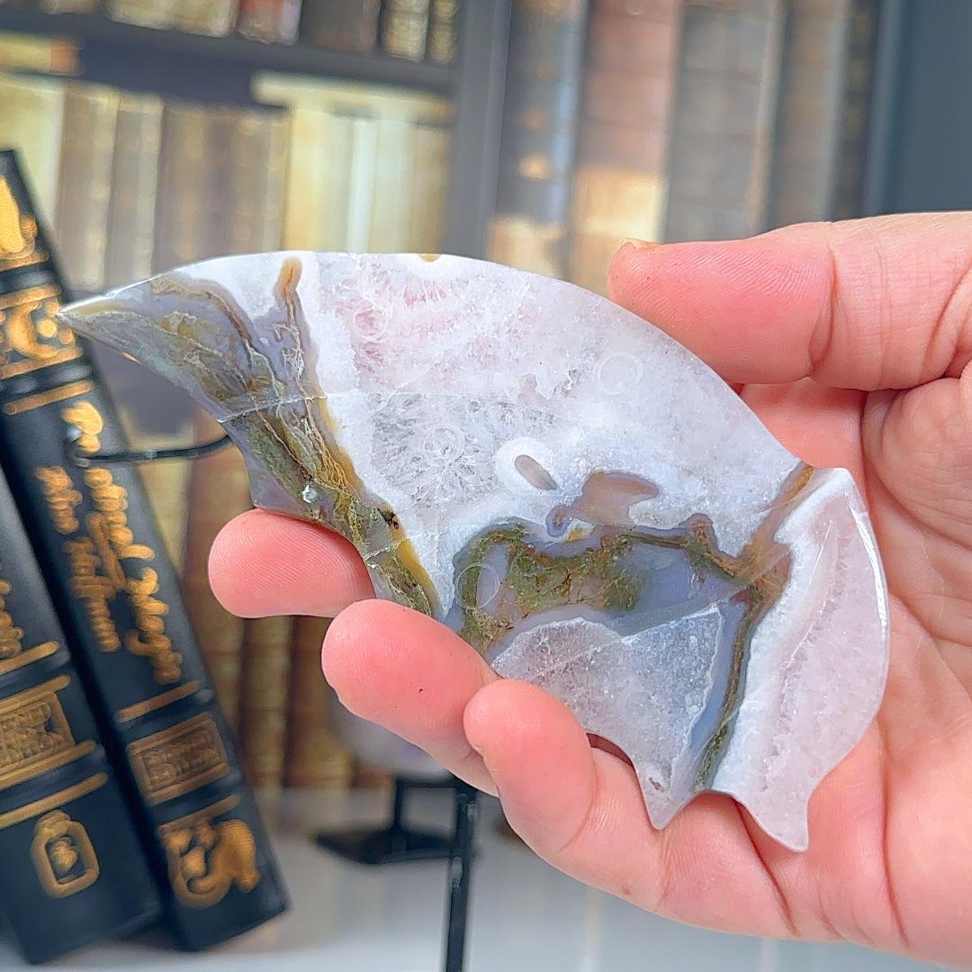 Druzy Moss Agate Wings | Crystal Carving Statement Piece | US Seller
