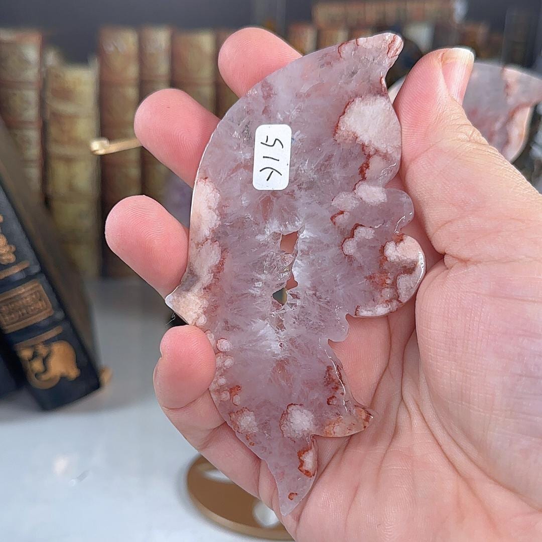 Flower Agate Pink Amethyst Crystal Wings | Stone Carving Sculpture Healing Altar Reiki Feng Shui Altar