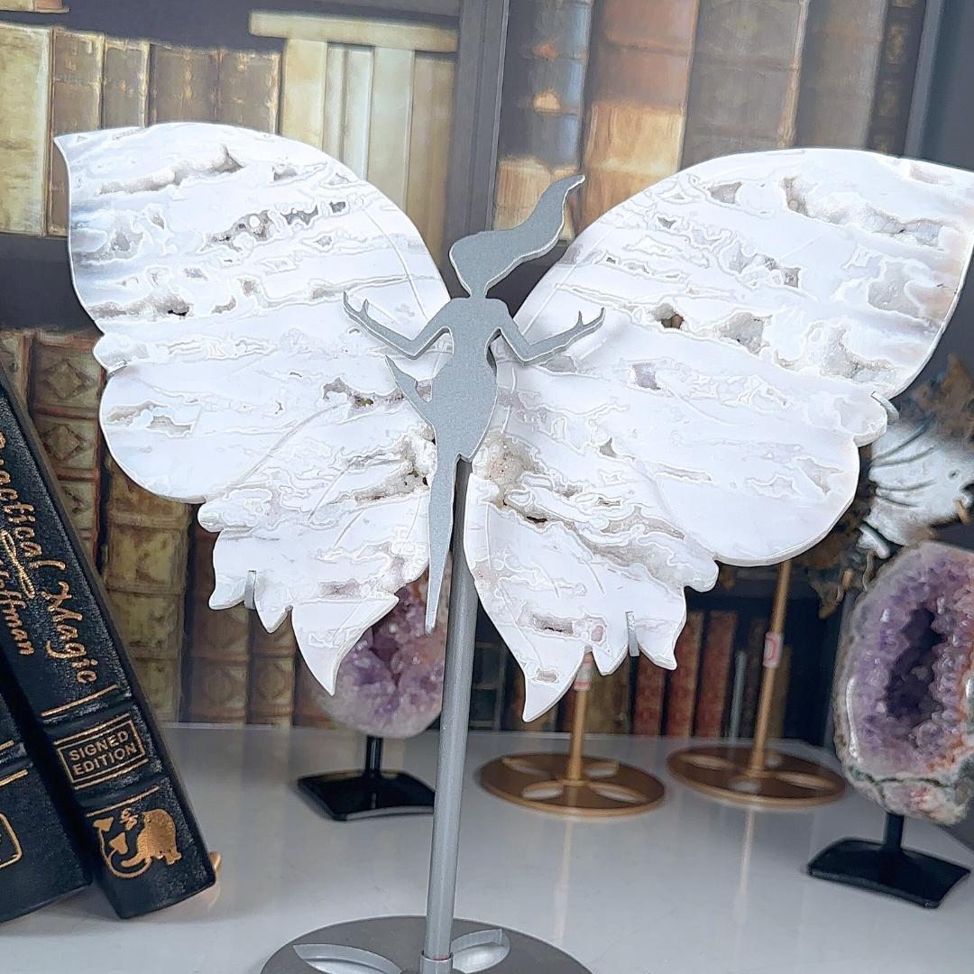 Druzy Snow White Agate Pink Amethyst Crystal Wings | Stone Carving Sculpture Healing Altar Reiki Feng Shui Altar