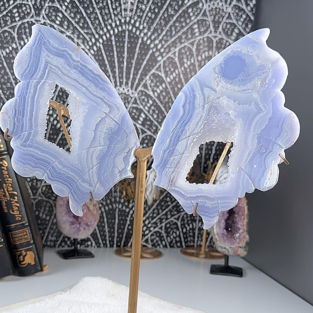 XL Druzy Blue Lace Agate Wings Crystal Carving | US Seller