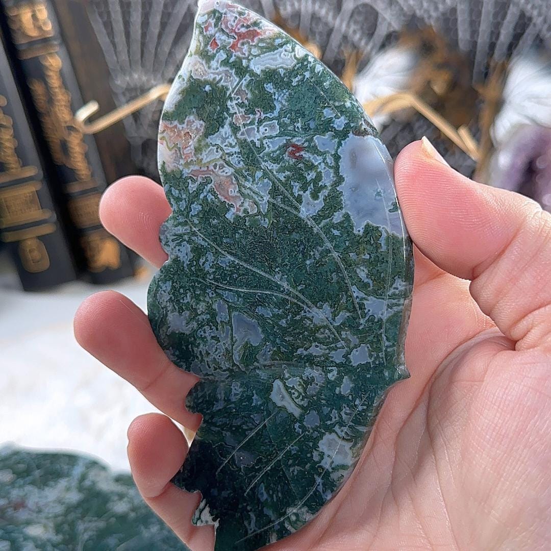 Druzy Green Moss Agate Wings | Crystal Carving Statement Piece | US Seller