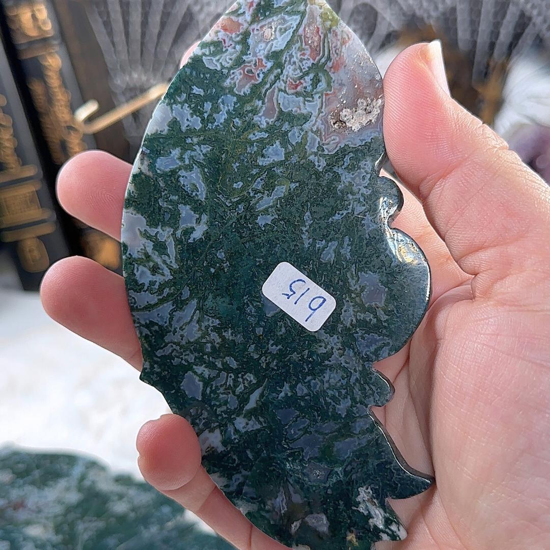 Druzy Green Moss Agate Wings | Crystal Carving Statement Piece | US Seller