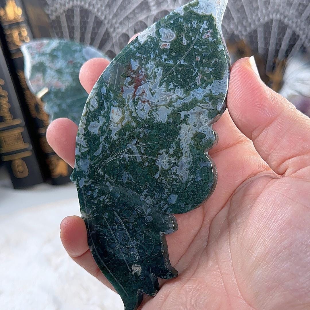 Druzy Green Moss Agate Wings | Crystal Carving Statement Piece | US Seller