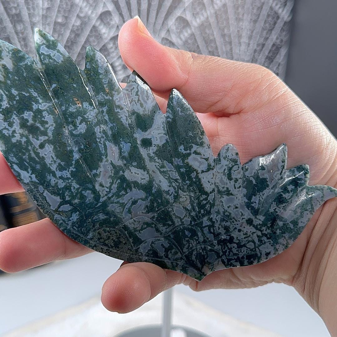 Druzy Green Moss Agate Angel Wings | Crystal Carving Statement Piece | US Seller