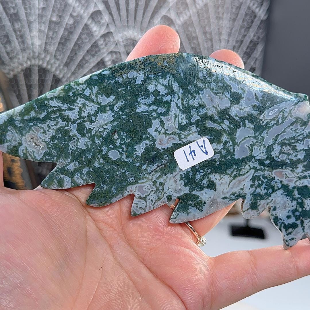 Druzy Green Moss Agate Angel Wings | Crystal Carving Statement Piece | US Seller