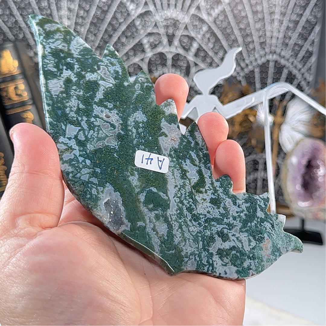 Druzy Green Moss Agate Angel Wings | Crystal Carving Statement Piece | US Seller