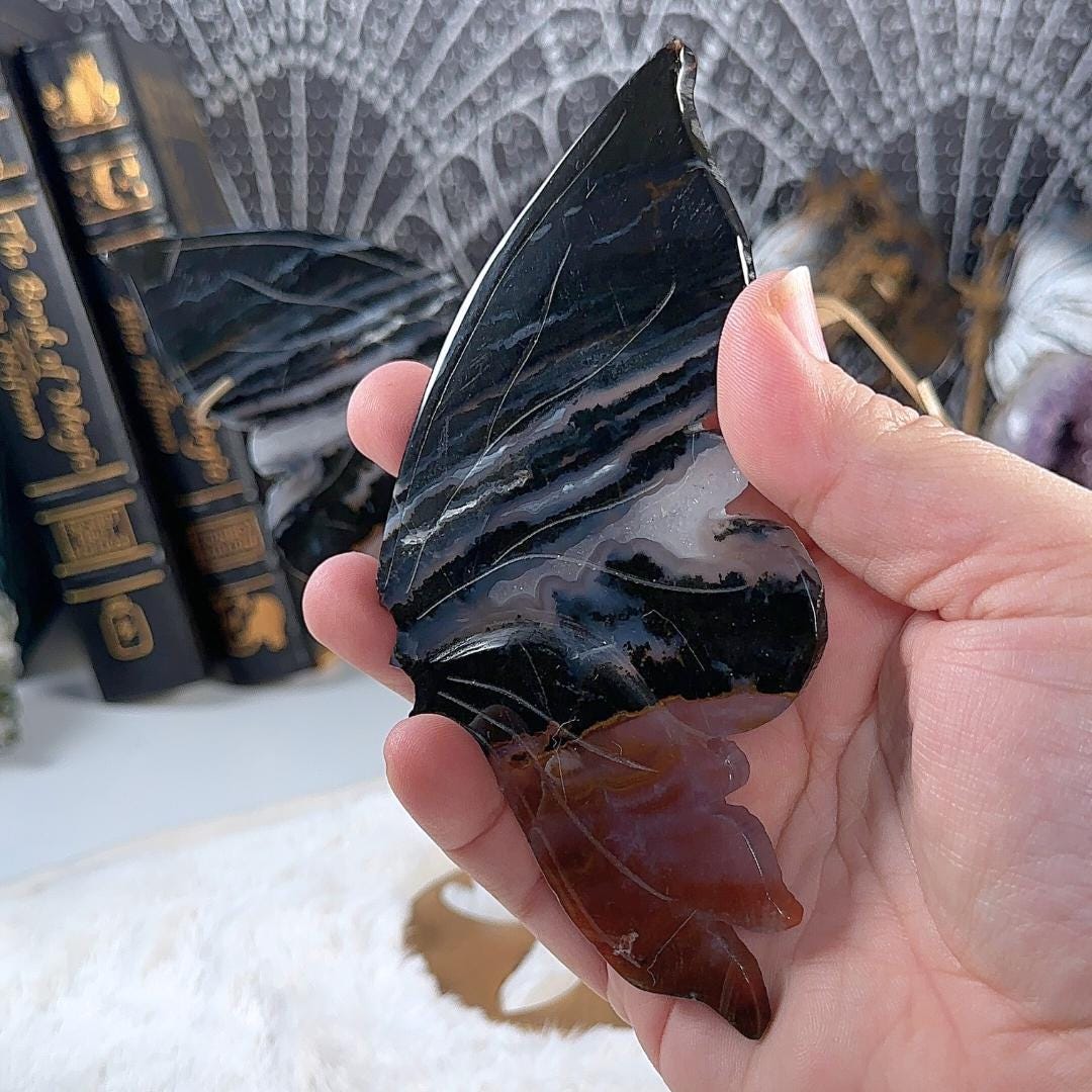 Druzy Black Agate Jasper Crystal Wings | Stone Carving Sculpture Healing Altar Reiki Feng Shui Altar