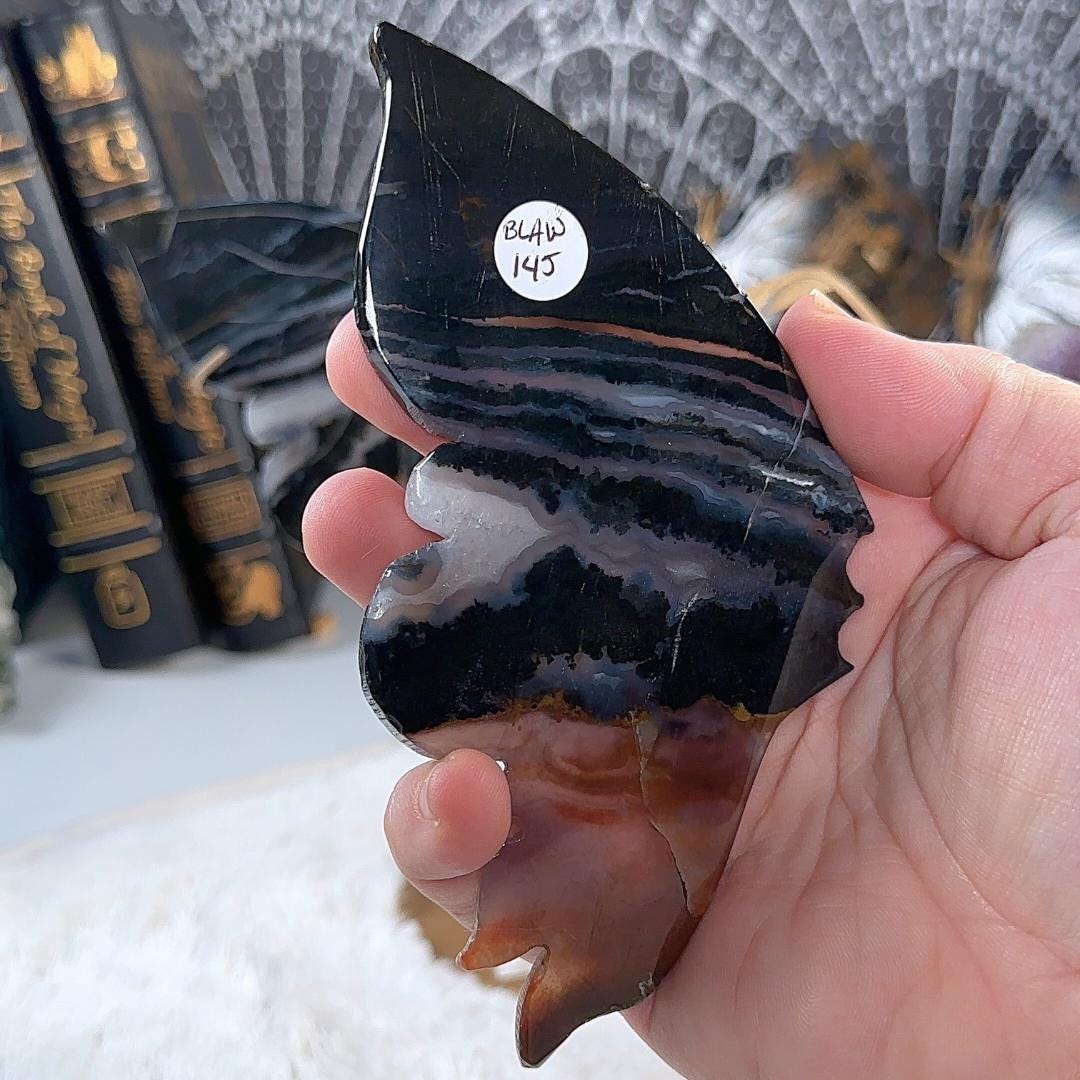 Druzy Black Agate Jasper Crystal Wings | Stone Carving Sculpture Healing Altar Reiki Feng Shui Altar