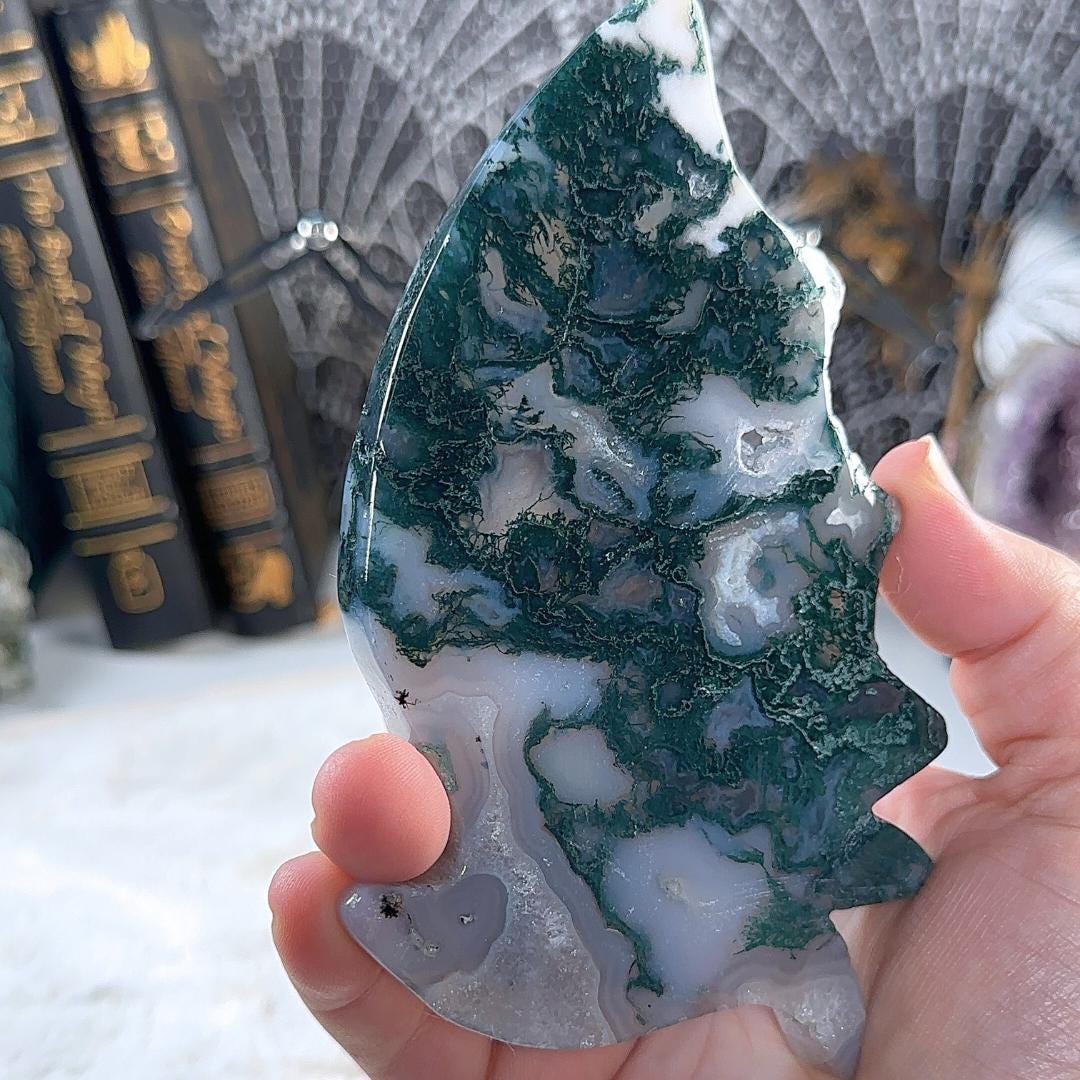 Druzy Blue Moss Agate Dragon Wings | Crystal Carving Statement Piece | US Seller