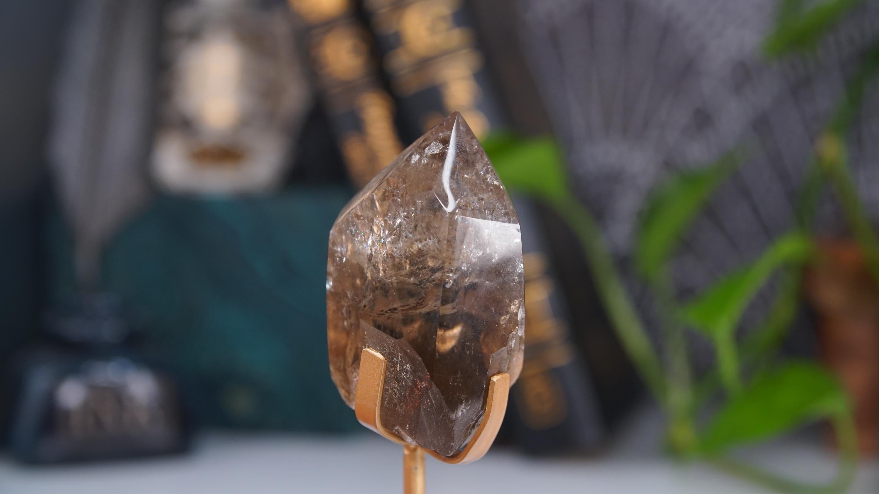 Smoky Garden Quartz Tower Freeform With Stand | Gorgeous Rainbow Inclusions Crystal Carving