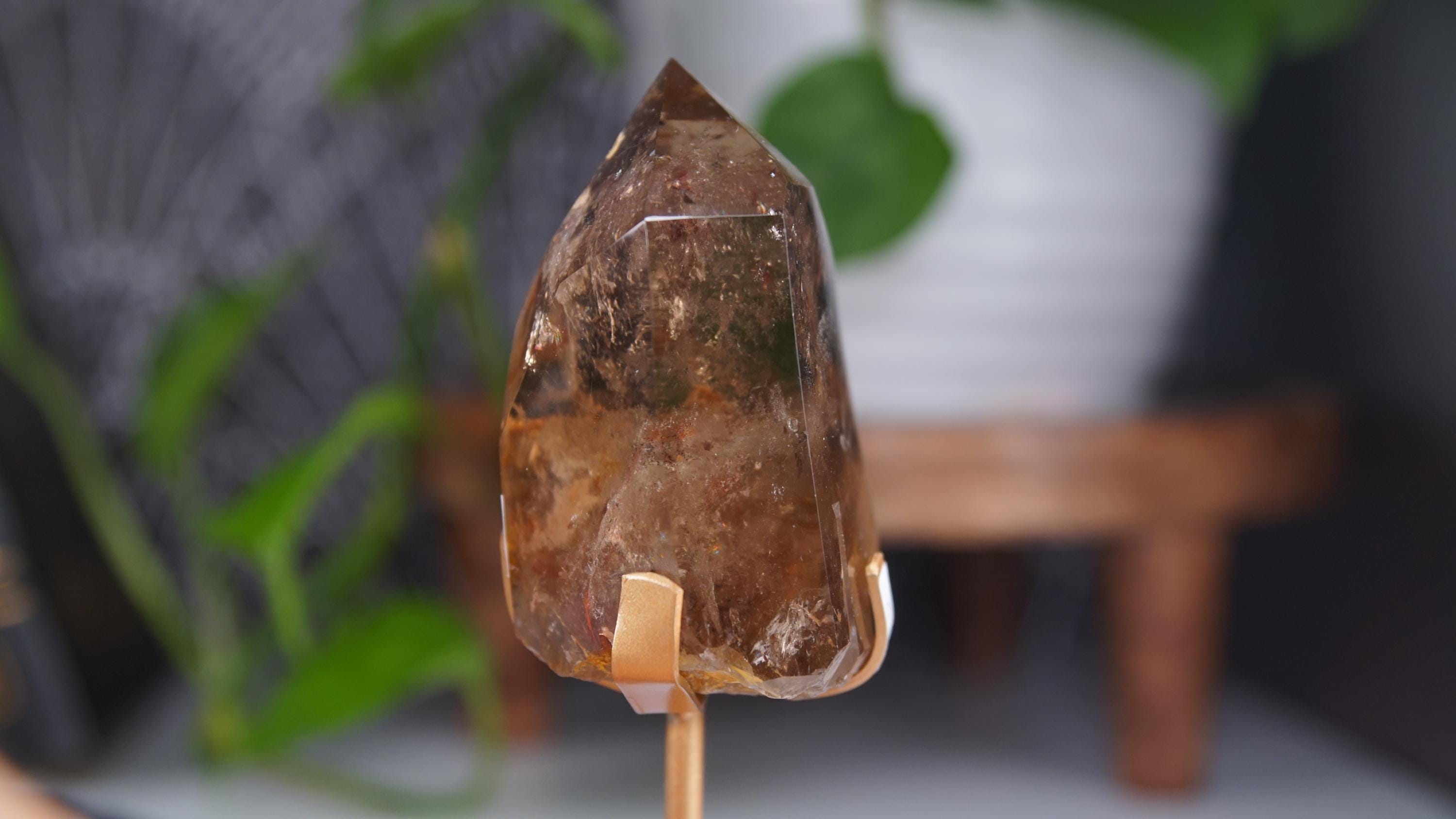 Smoky Garden Quartz Tower Freeform With Stand | Gorgeous Rainbow Inclusions Crystal Carving