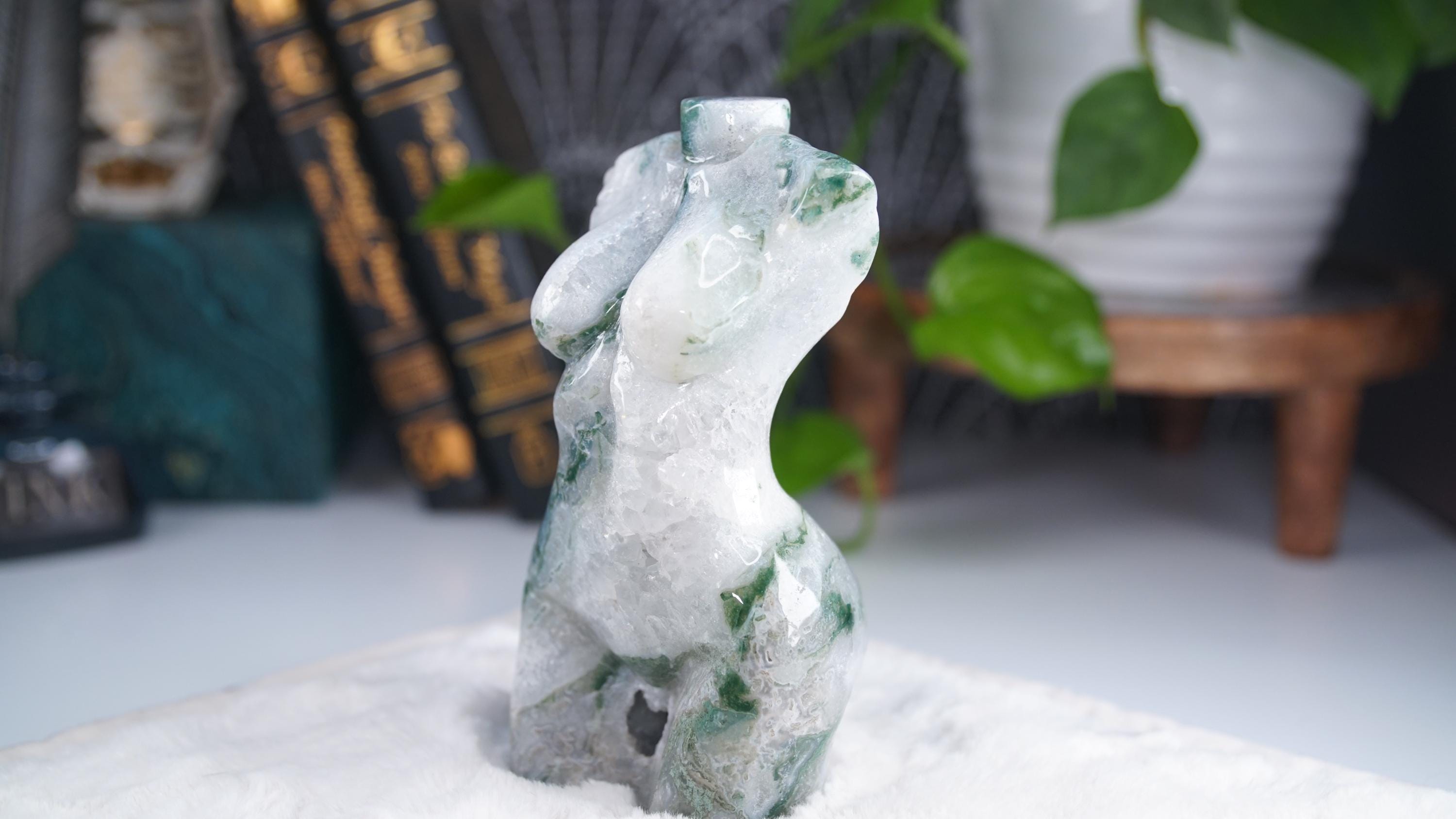Druzy Moss Agate Goddess Lady Body | Crystal Carving Statement Piece | US Seller