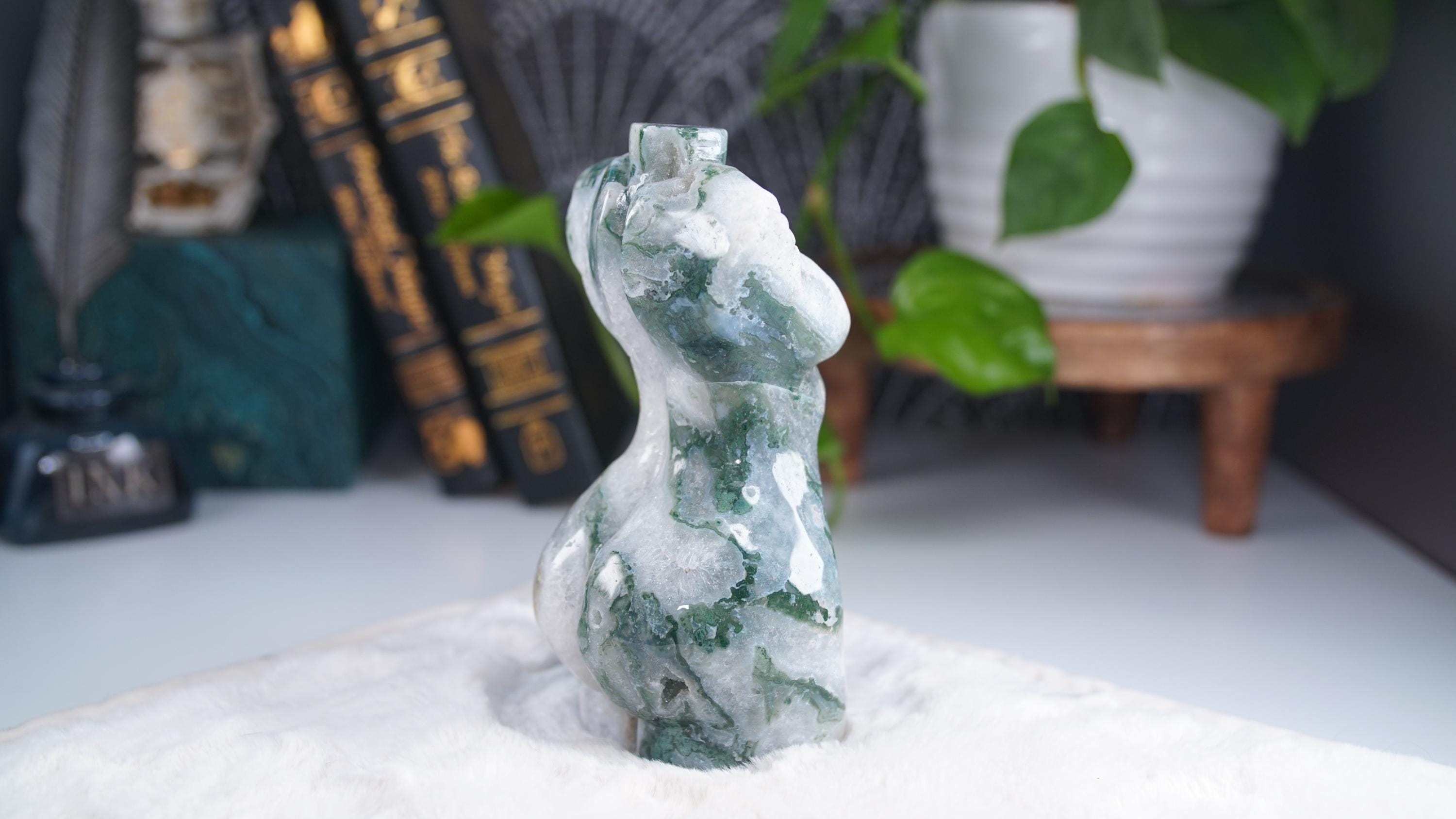 Druzy Moss Agate Goddess Lady Body | Crystal Carving Statement Piece | US Seller