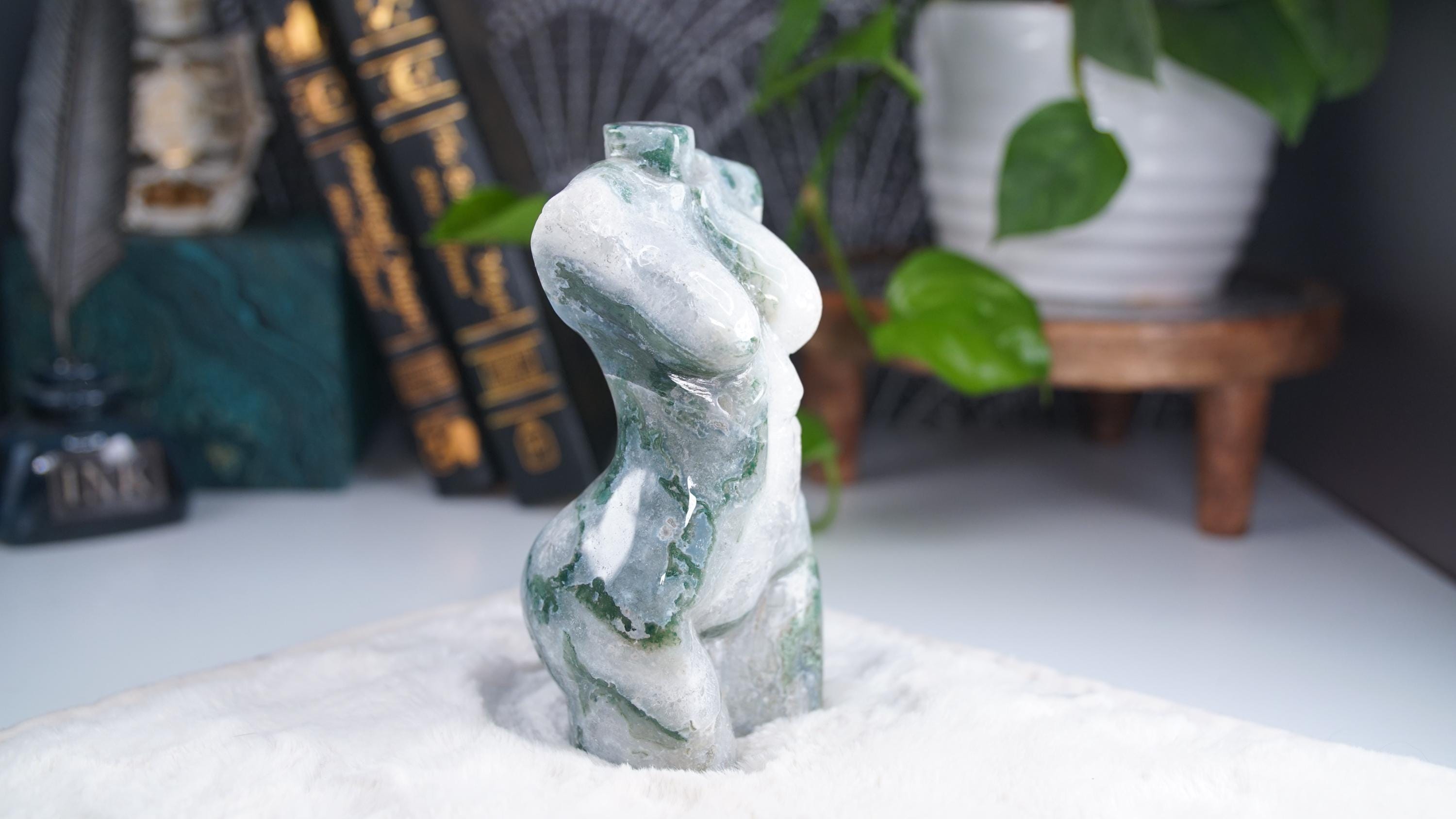 Druzy Moss Agate Goddess Lady Body | Crystal Carving Statement Piece | US Seller