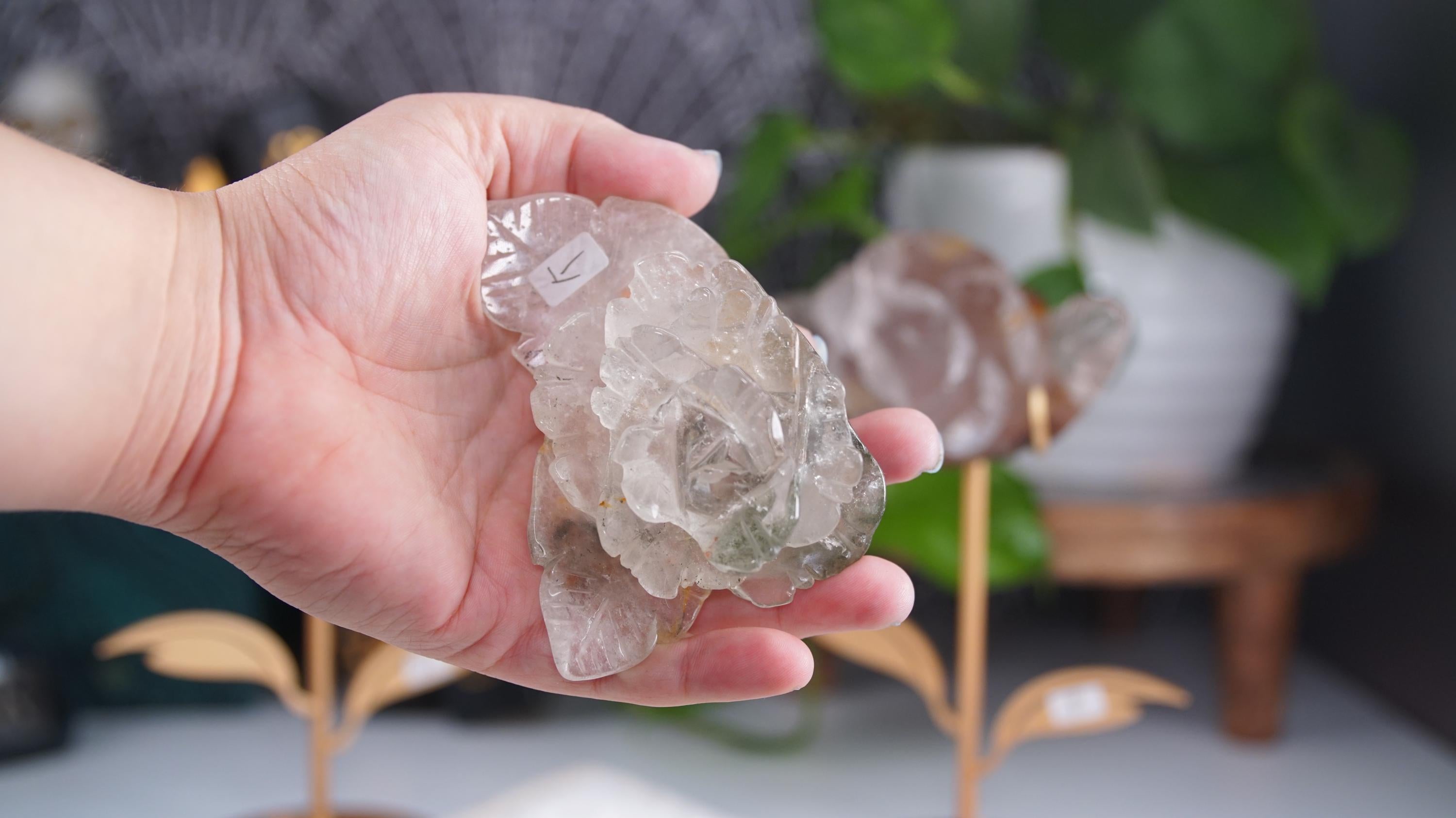 Garden Quartz Flower Carving With Stand | Lodolite With Inclusions Crystal Carving