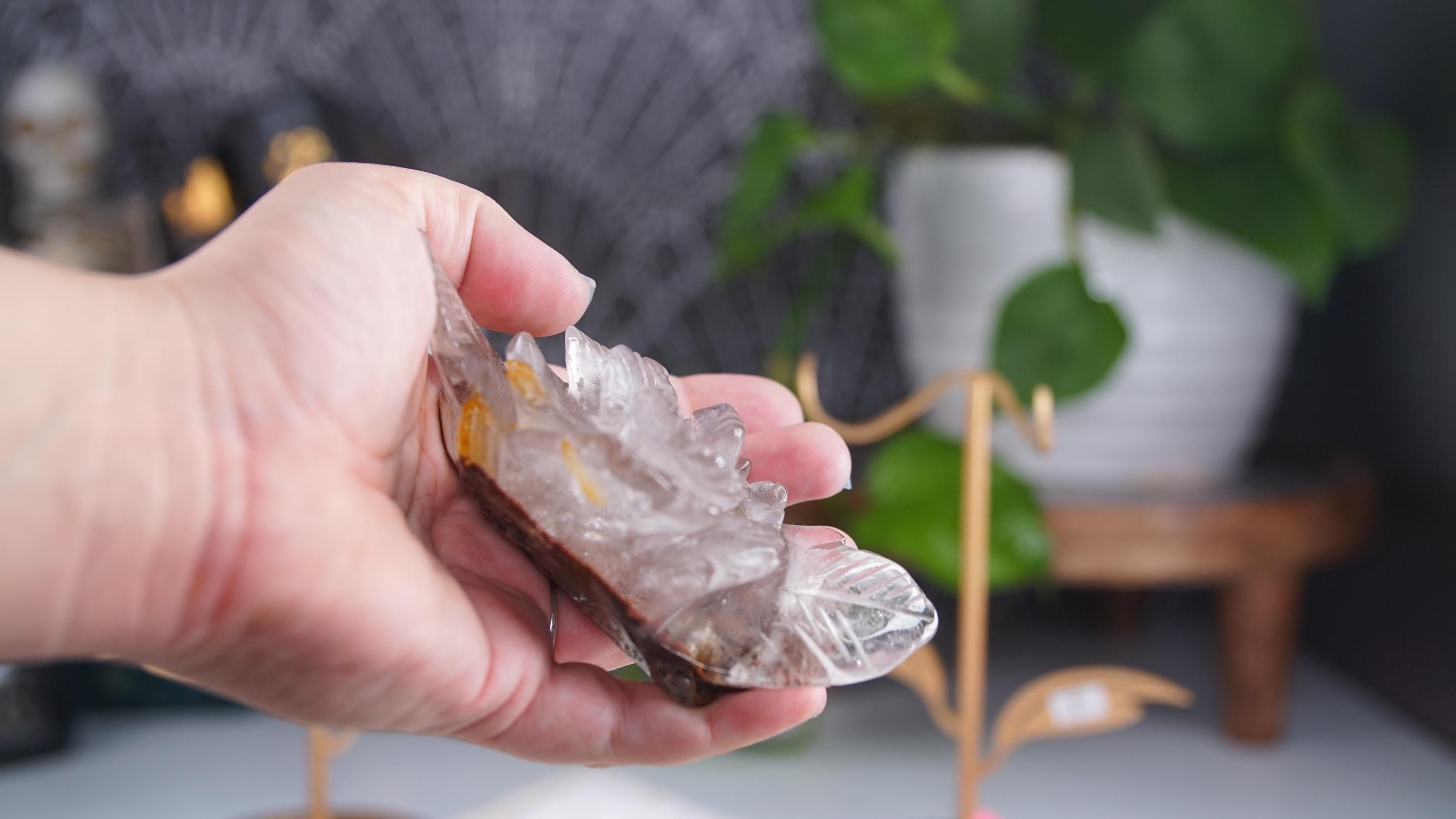 Garden Quartz Flower Carving With Stand | Lodolite With Inclusions Crystal Carving