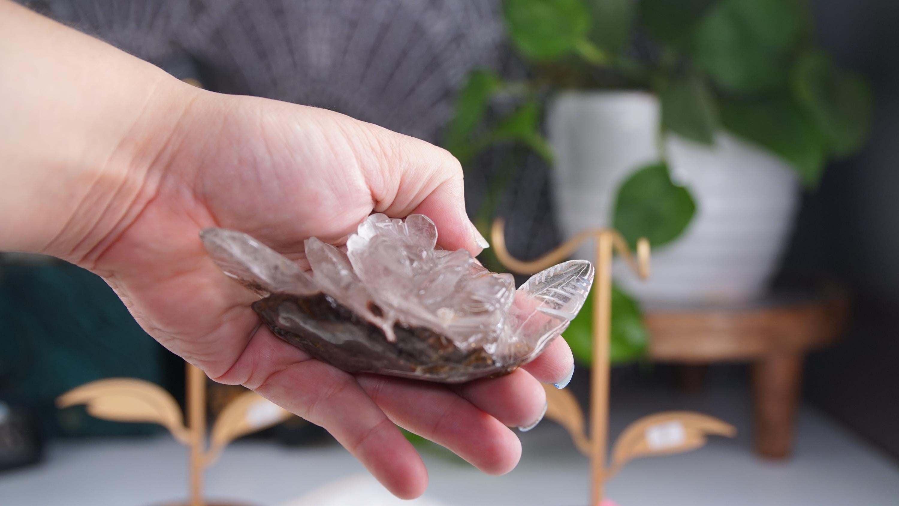 Garden Quartz Flower Carving With Stand | Lodolite With Inclusions Crystal Carving