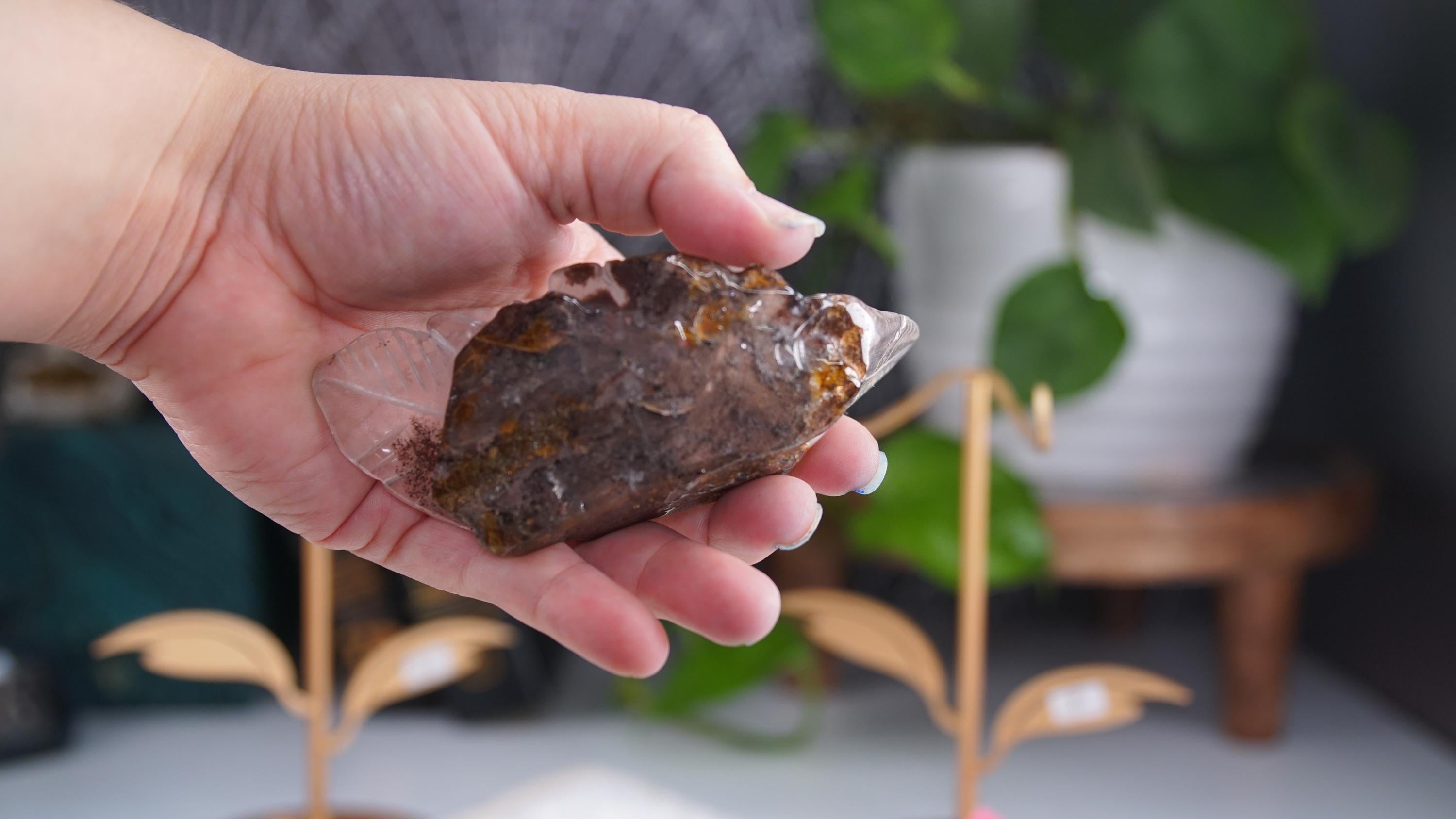 Garden Quartz Flower Carving With Stand | Lodolite With Inclusions Crystal Carving