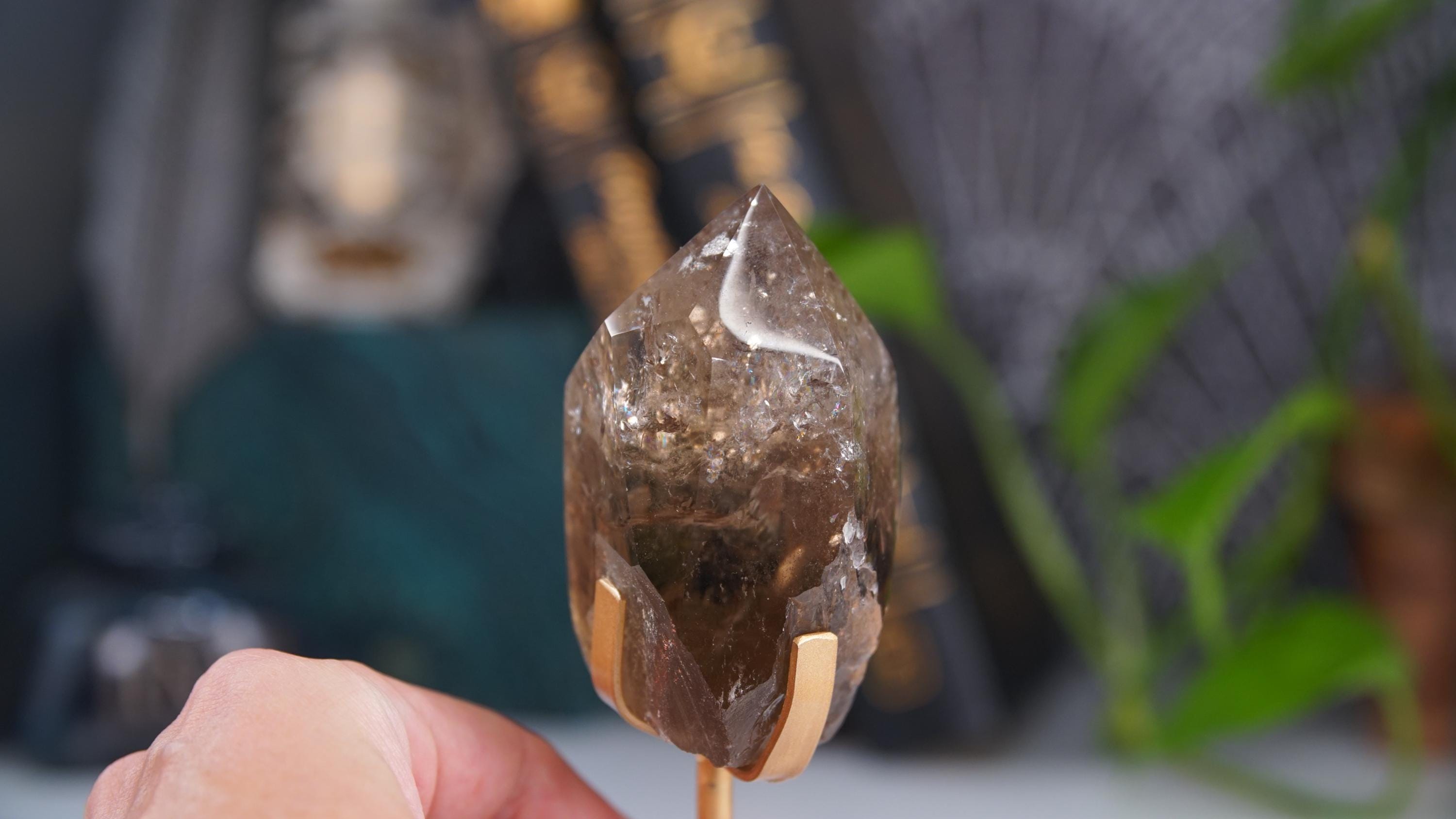 Smoky Garden Quartz Tower Freeform With Stand | Gorgeous Rainbow Inclusions Crystal Carving