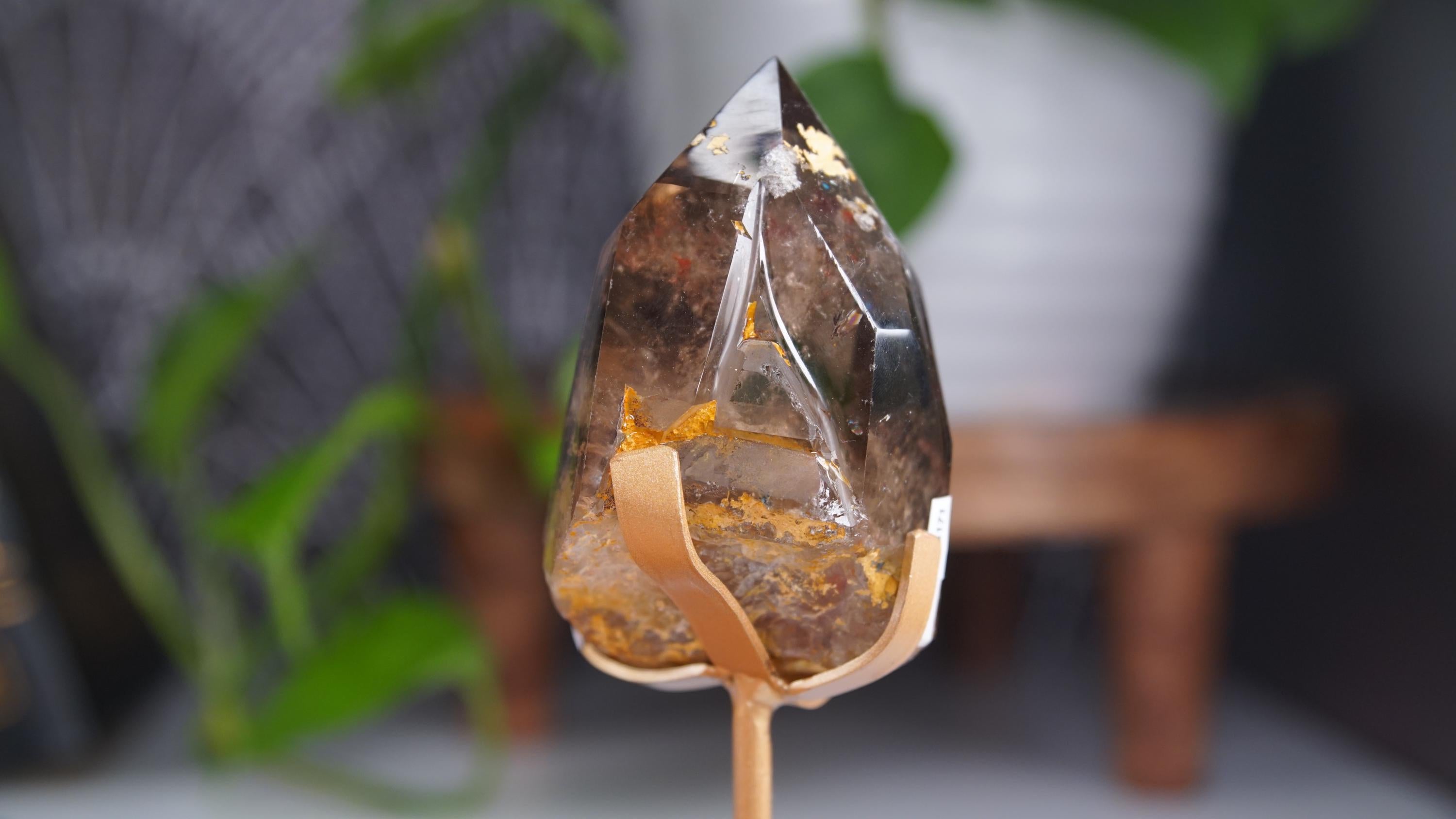 Smoky Garden Quartz Tower Freeform With Stand | Gorgeous Rainbow Inclusions Crystal Carving