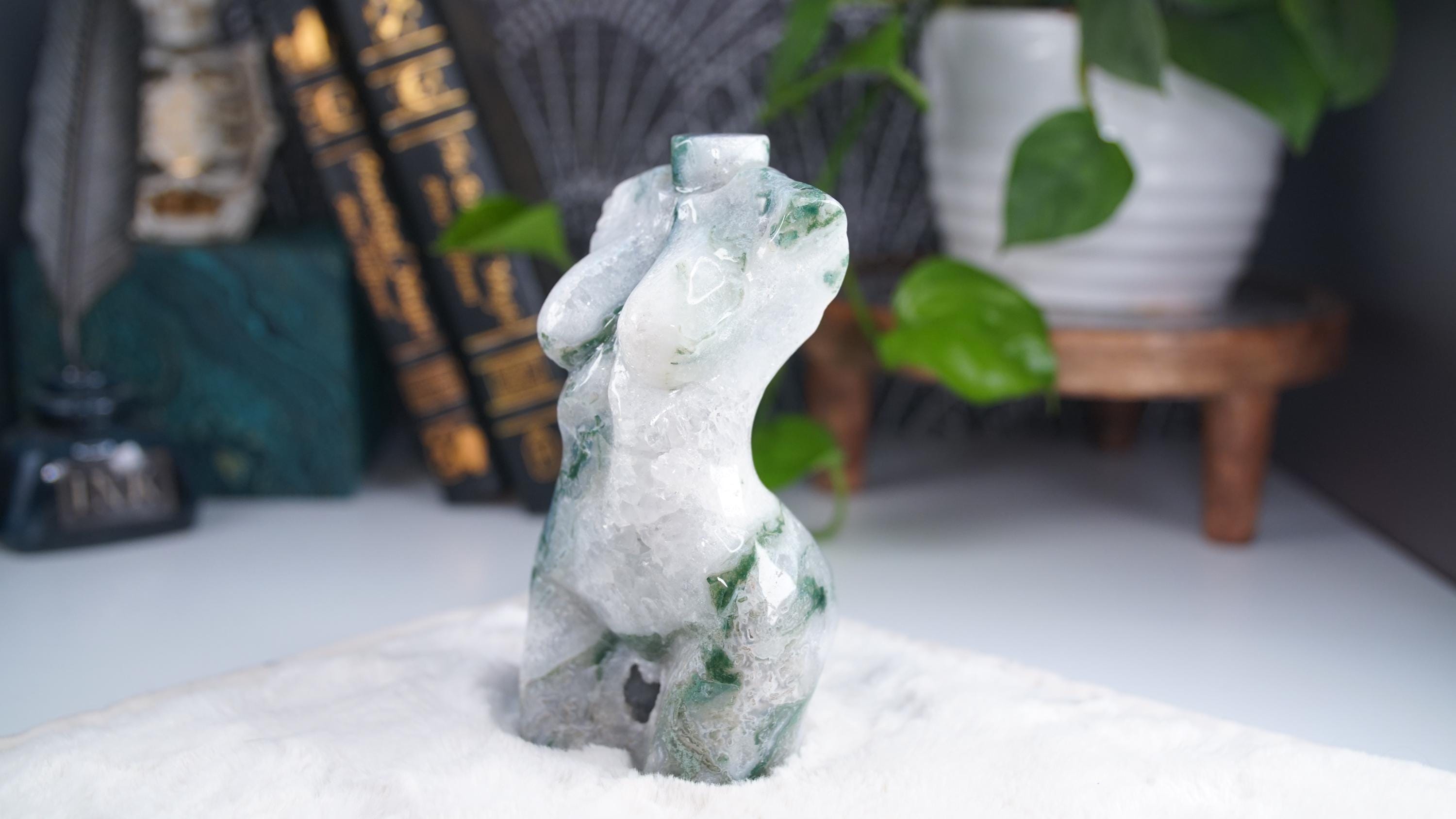 Druzy Moss Agate Goddess Lady Body | Crystal Carving Statement Piece | US Seller