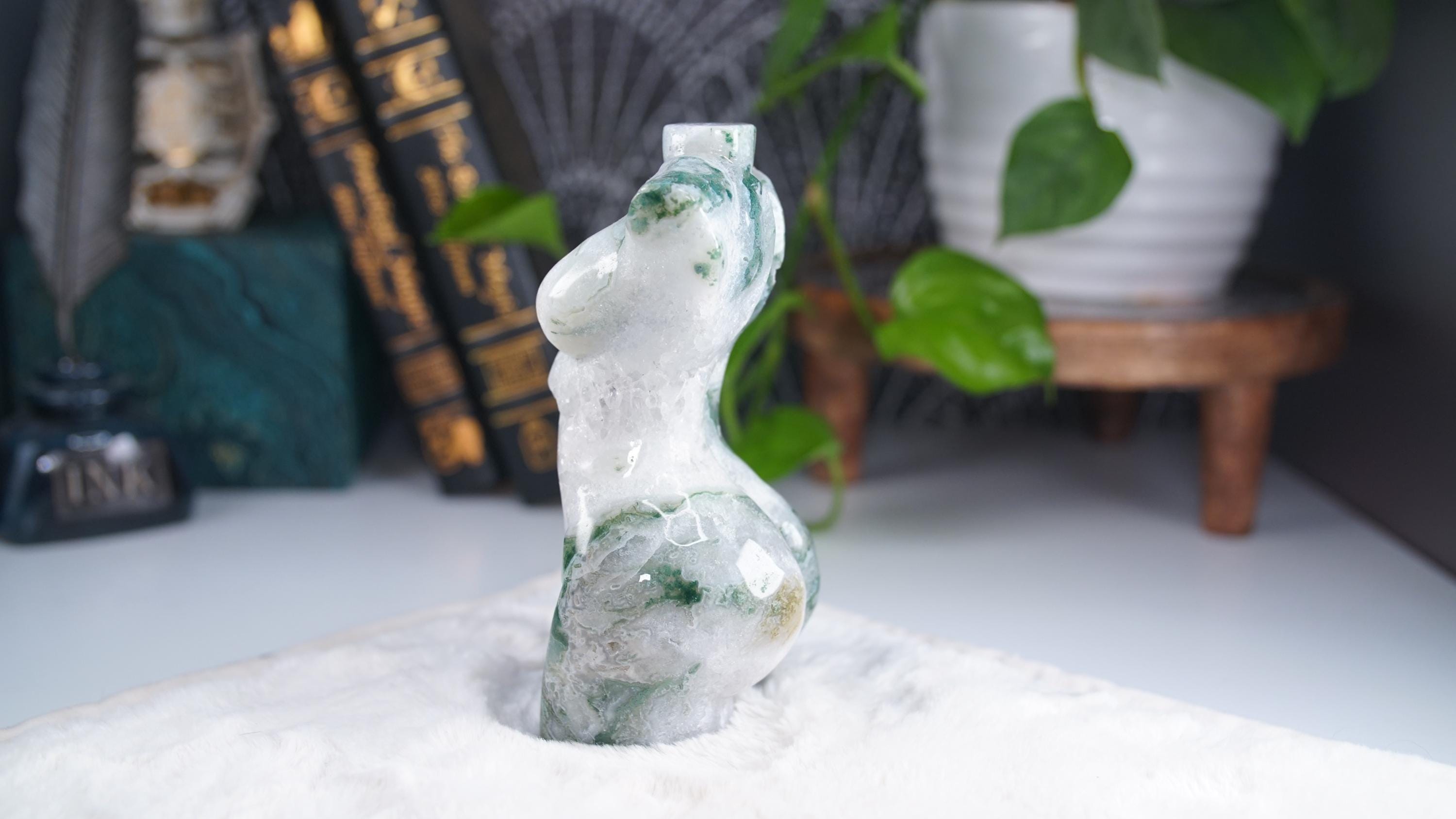 Druzy Moss Agate Goddess Lady Body | Crystal Carving Statement Piece | US Seller