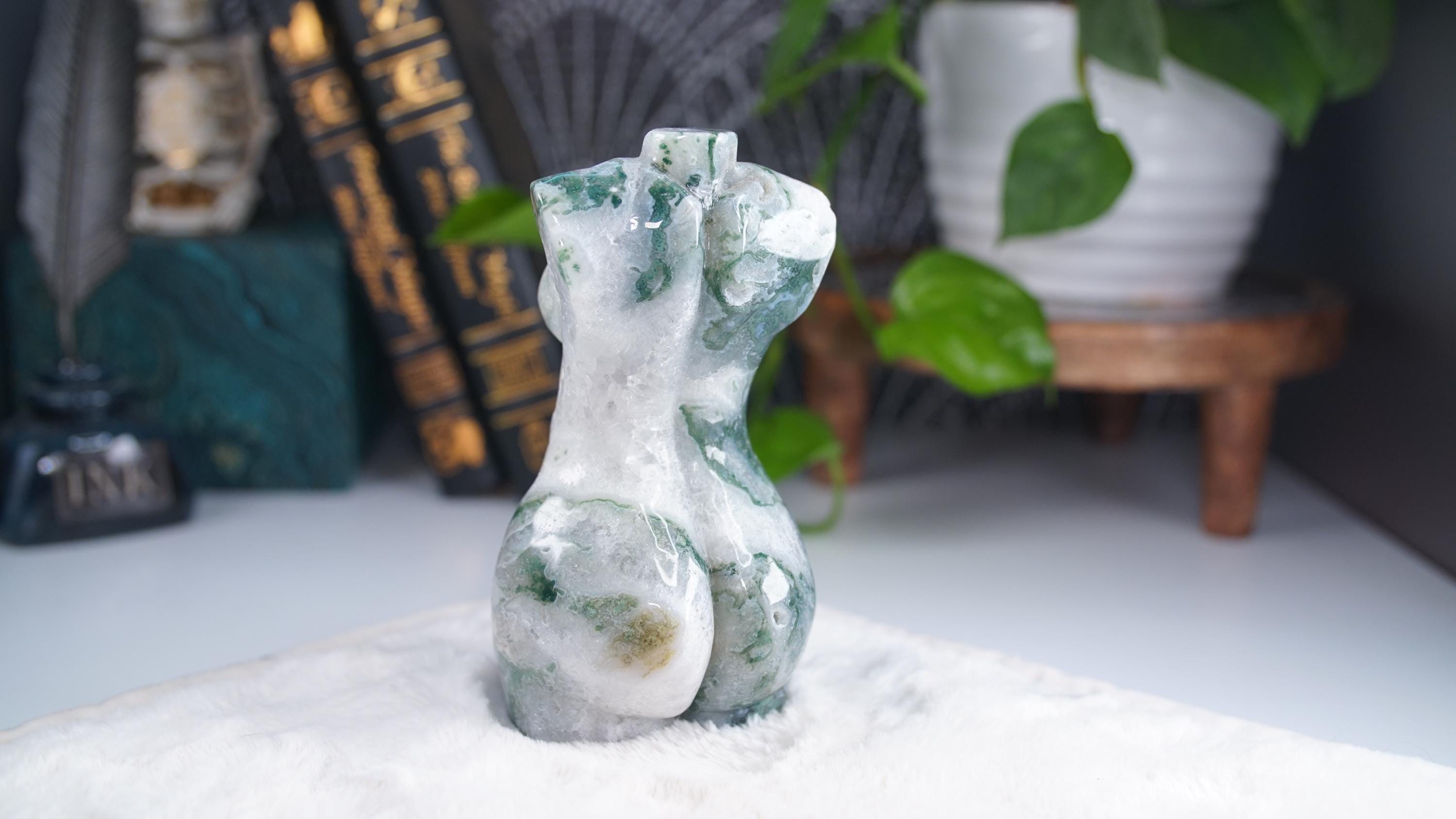 Druzy Moss Agate Goddess Lady Body | Crystal Carving Statement Piece | US Seller