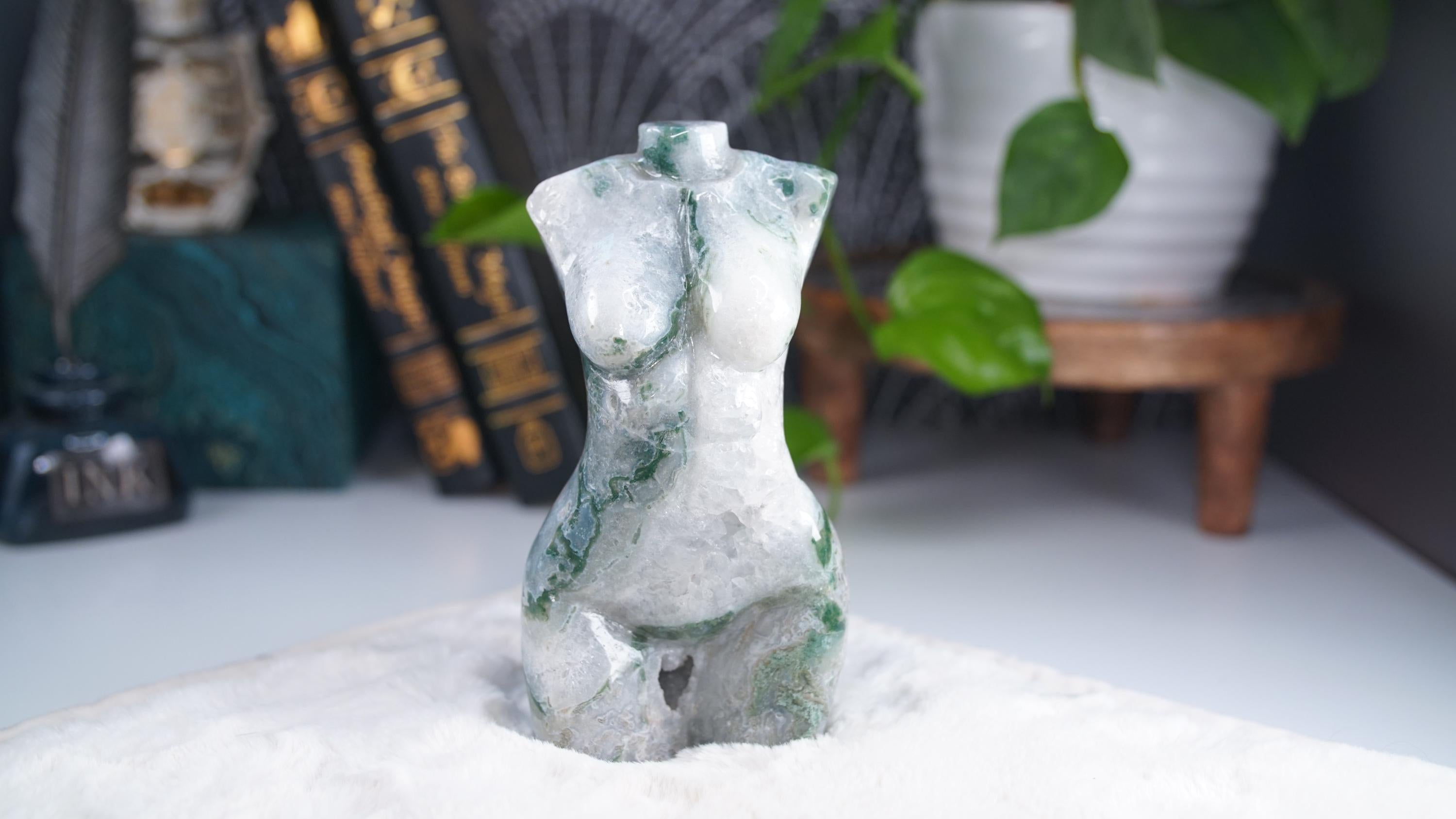 Druzy Moss Agate Goddess Lady Body | Crystal Carving Statement Piece | US Seller