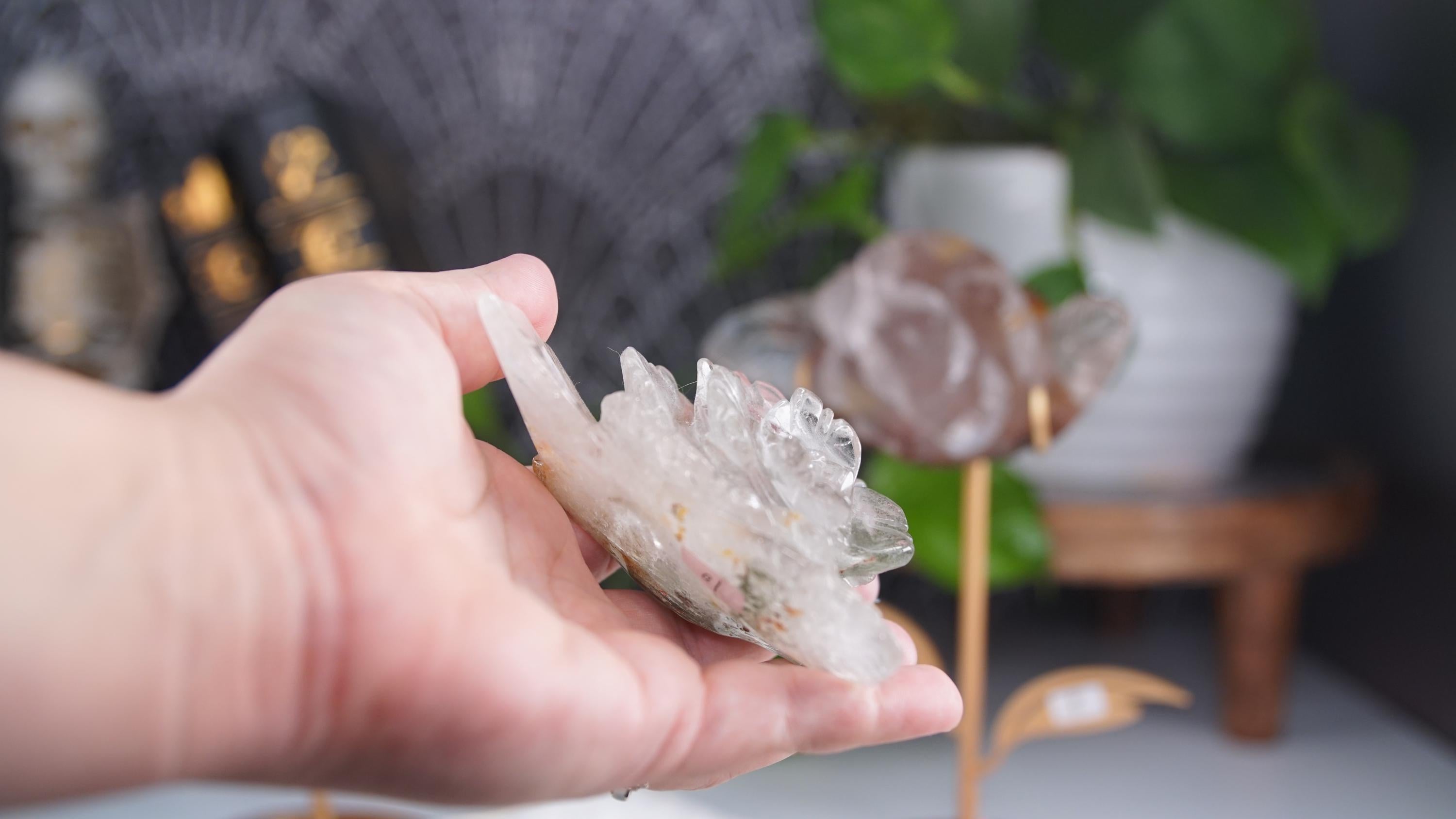 Garden Quartz Flower Carving With Stand | Lodolite With Inclusions Crystal Carving