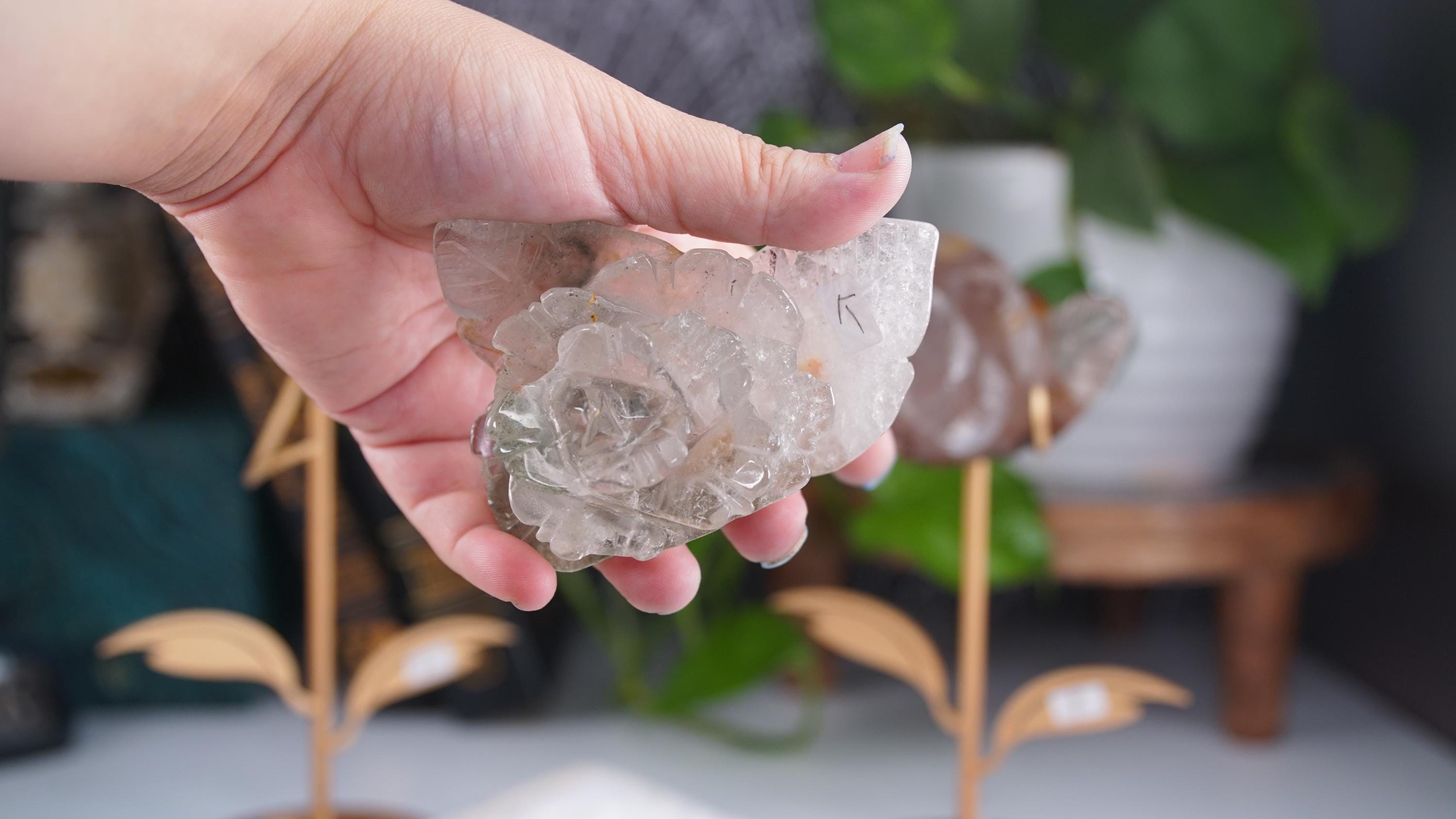 Garden Quartz Flower Carving With Stand | Lodolite With Inclusions Crystal Carving