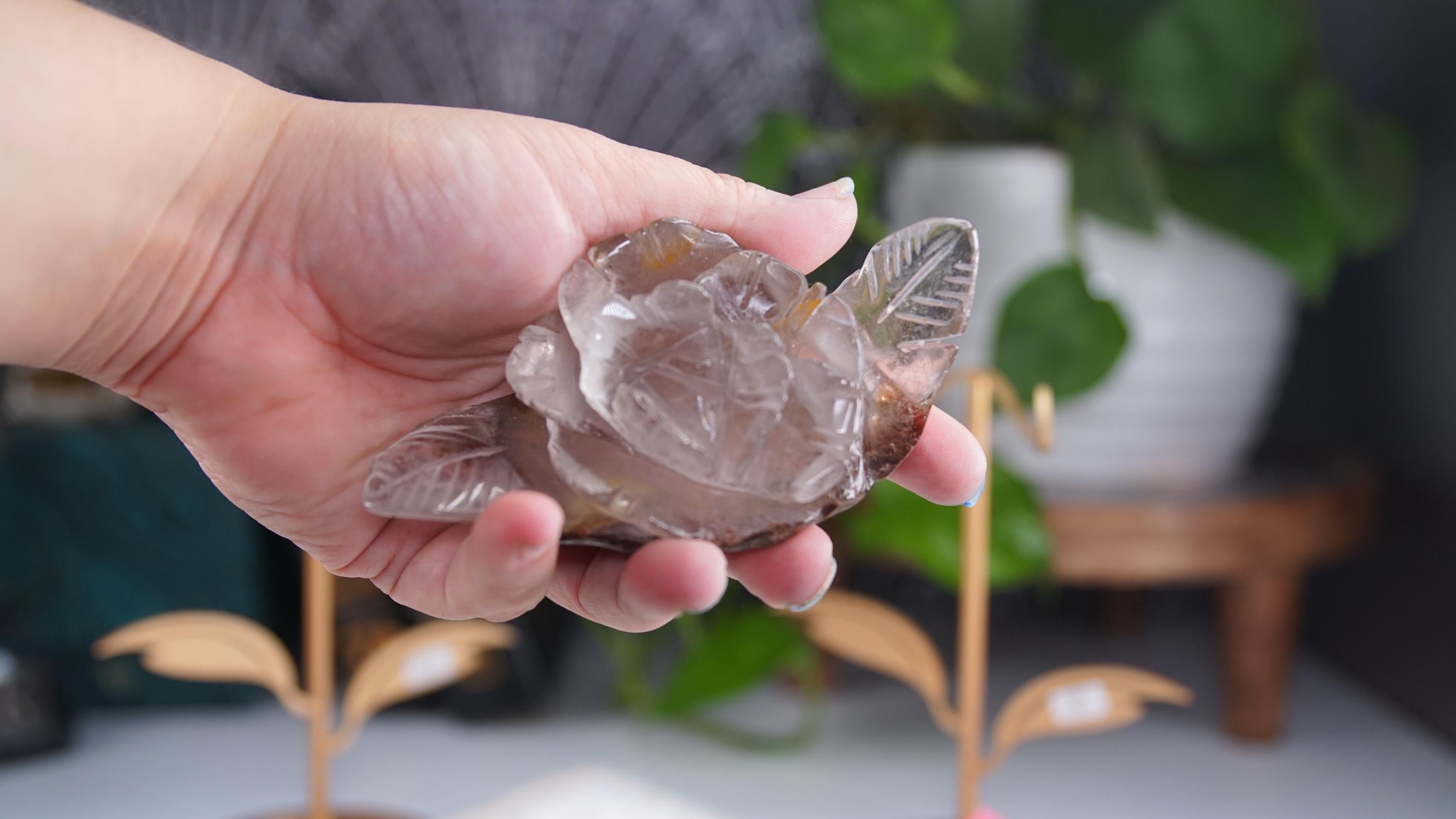 Garden Quartz Flower Carving With Stand | Lodolite With Inclusions Crystal Carving