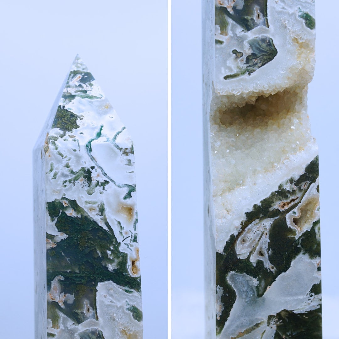HUGE XL Moss Agate Tower Crystal Wand Point Green Crystal Tower Healing Obelisk-Spiritual Protection Meditation Energy Reiki