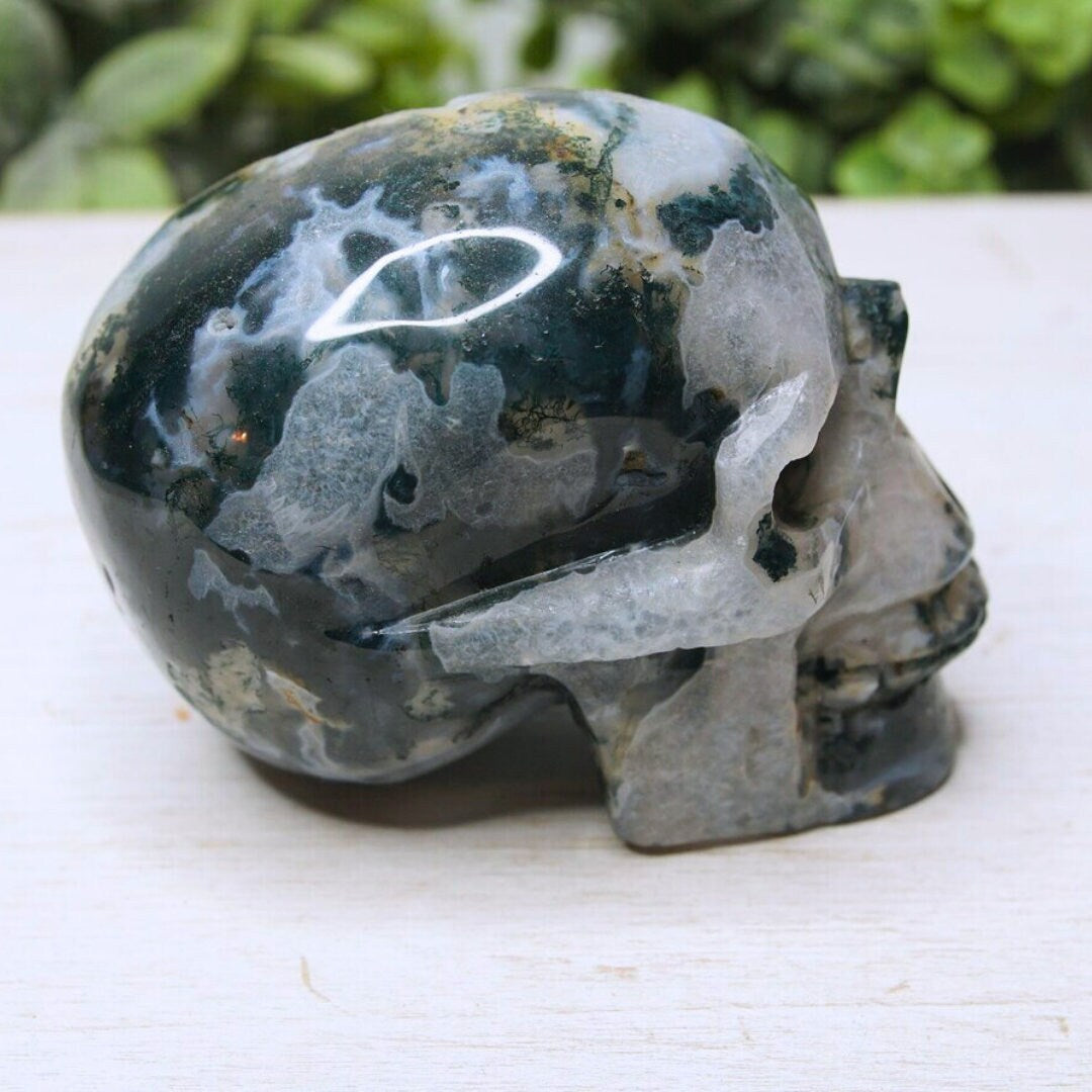 Moss Agate Skull Healing Crystal Druzy Moss Agate Carving Stone Statue Energy Goddess Body Energy Reiki Altar