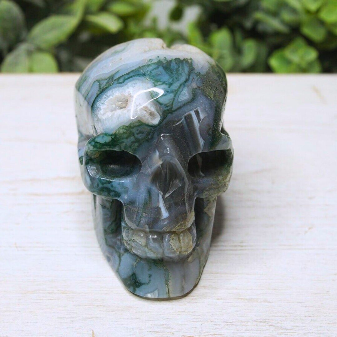Moss Agate Carving Skull Druzy Healing Stone Crystal Sculpture Energy Goddess Body Energy Reiki Altar