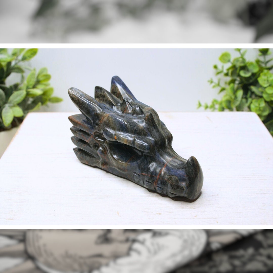 Lapis Dragon Head Carving Skull Sculpture Spiritual Meditation Energy Reiki Crystal Quartz Altar Feng Shui