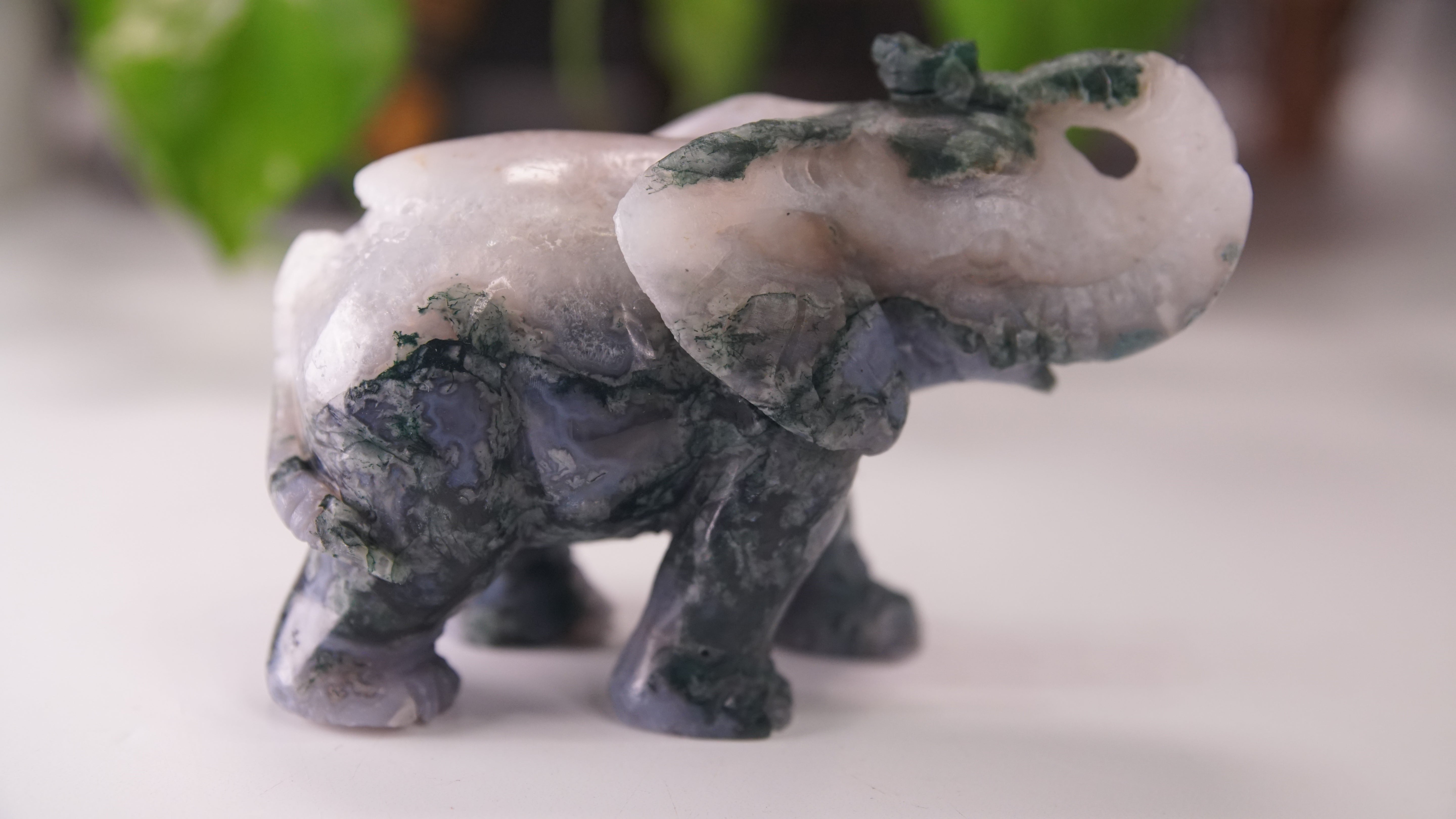 Druzy Moss Agate Boutique Elephant Carving | Crystal Carving Statement Piece