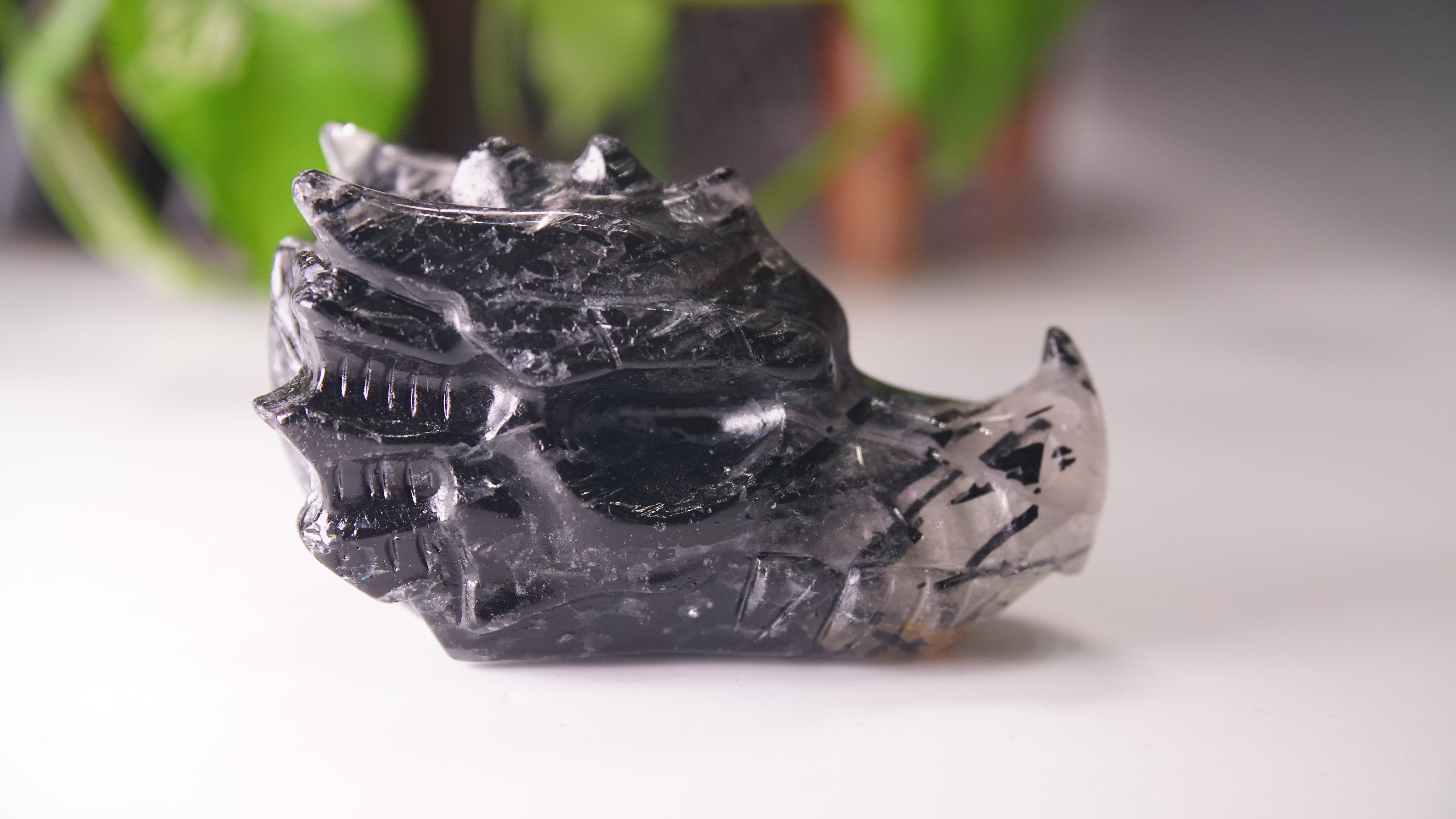 Gorgeous Black Tourmaline In Quartz Dragon Skull