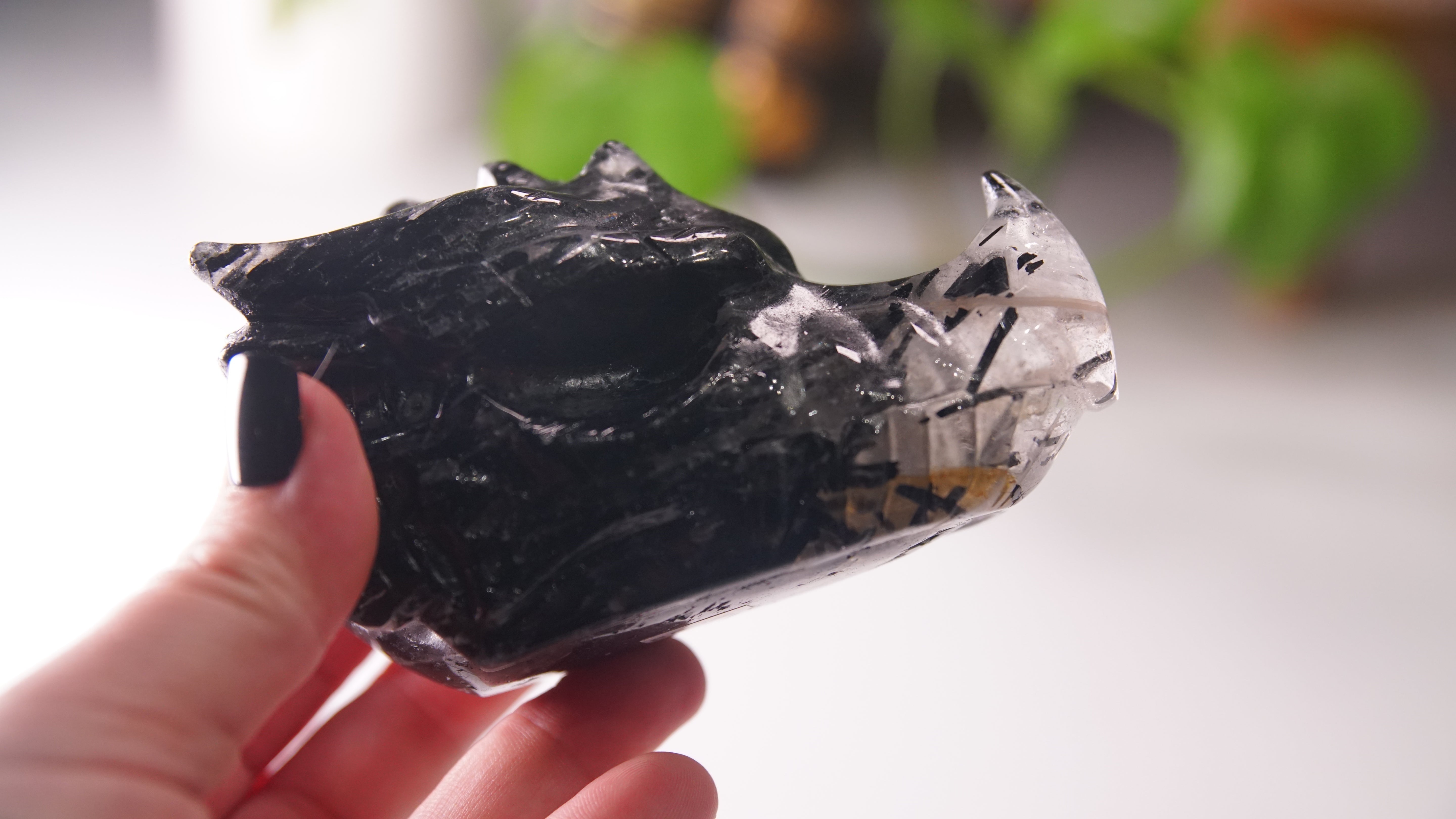 Gorgeous Black Tourmaline In Quartz Dragon Skull