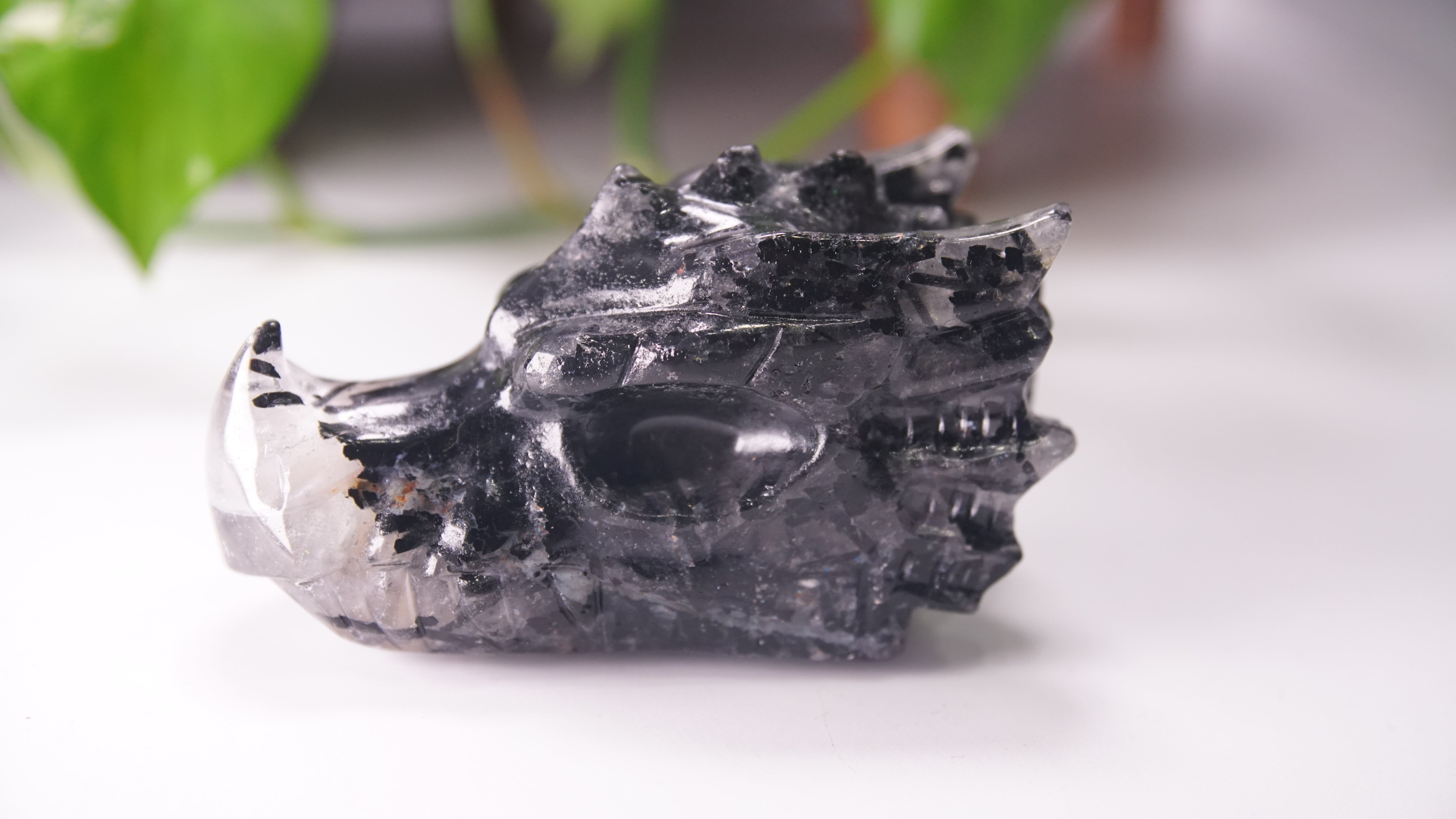 Gorgeous Black Tourmaline In Quartz Dragon Skull