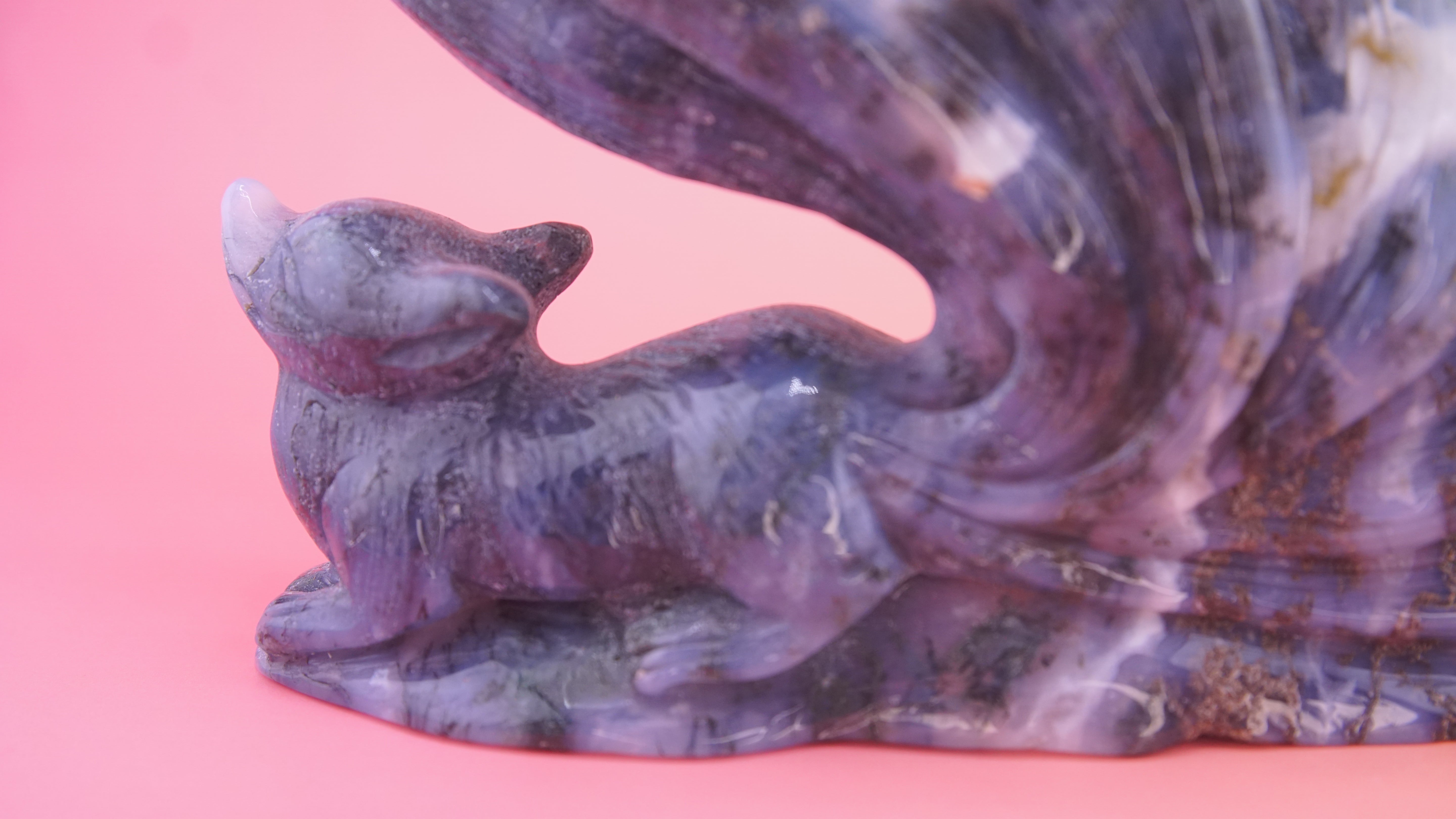 Blue Moss Agate Boutique 9 Tails Fox Carving | Crystal Carving Statement Piece