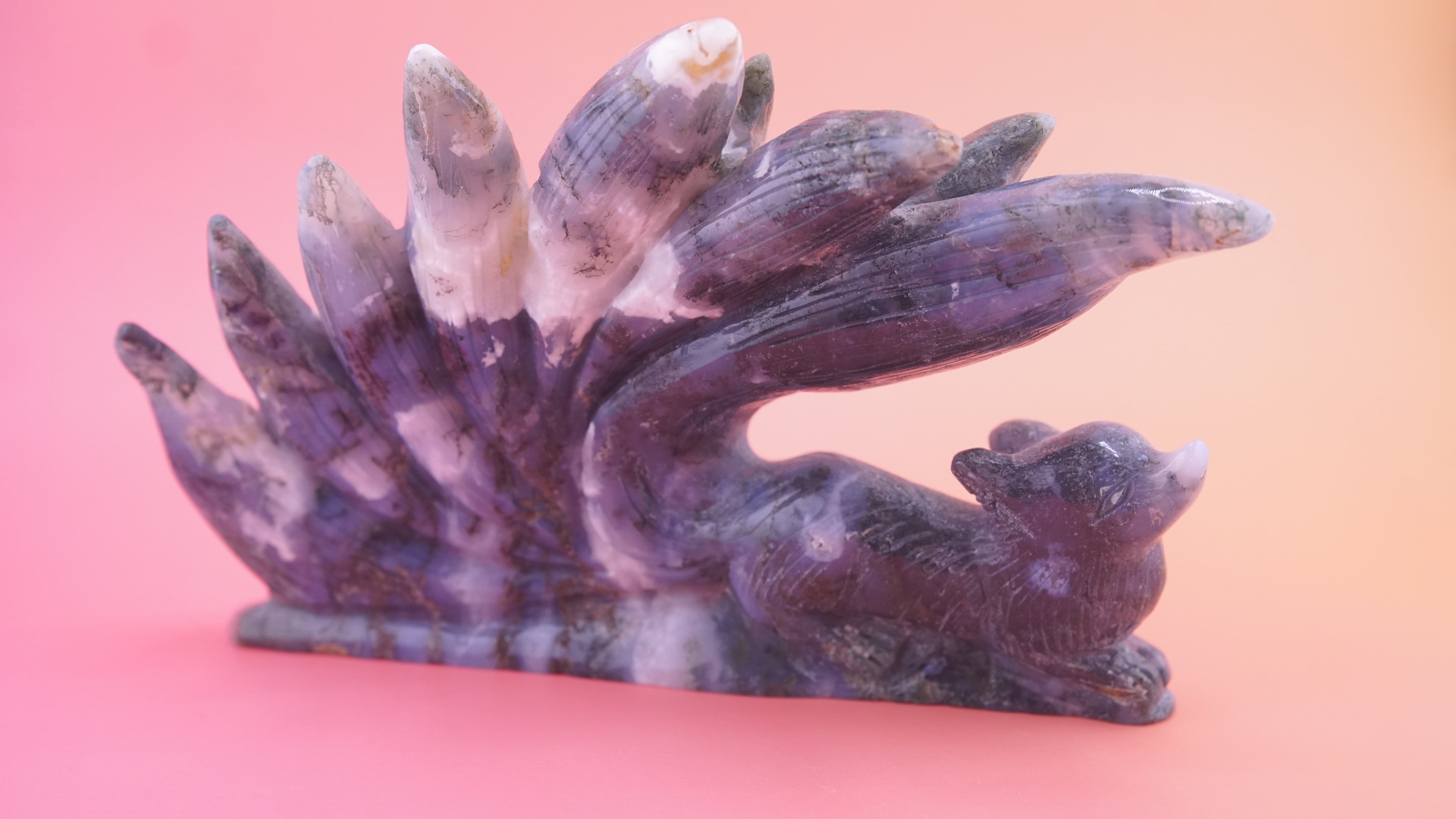Blue Moss Agate Boutique 9 Tails Fox Carving | Crystal Carving Statement Piece