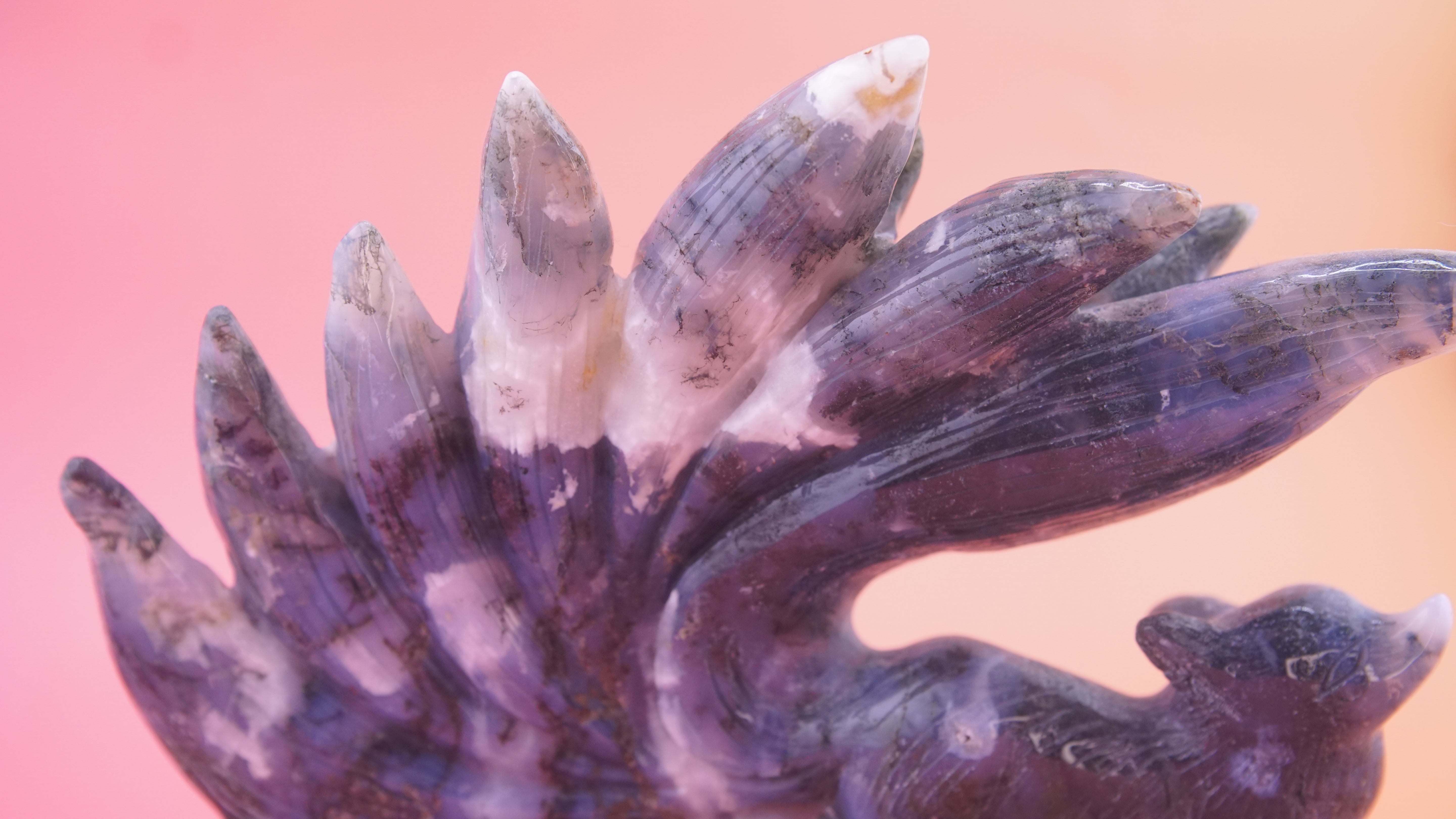 Blue Moss Agate Boutique 9 Tails Fox Carving | Crystal Carving Statement Piece