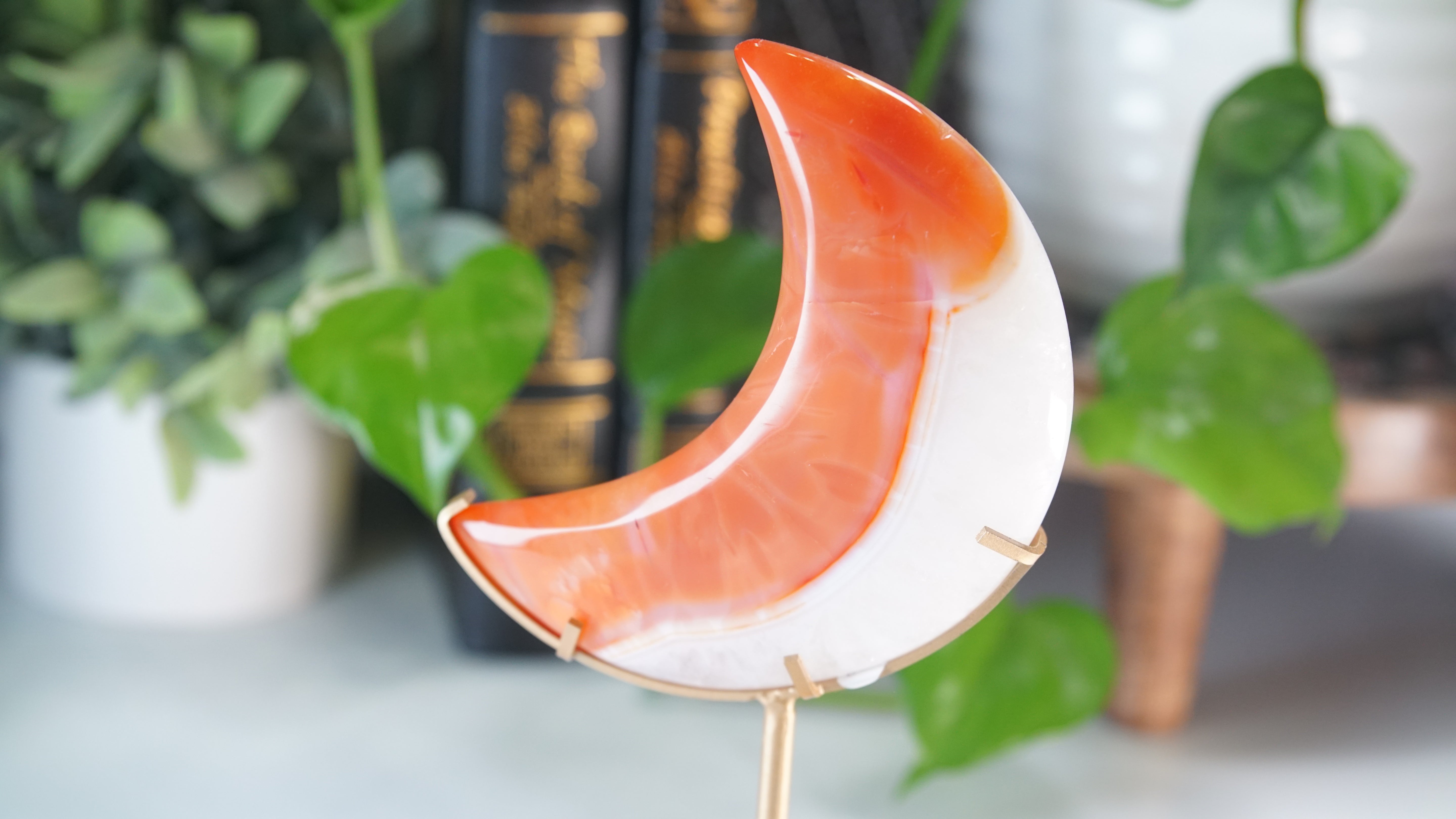 Carnelian Agate & Quartz Moon With Free Custom Stand