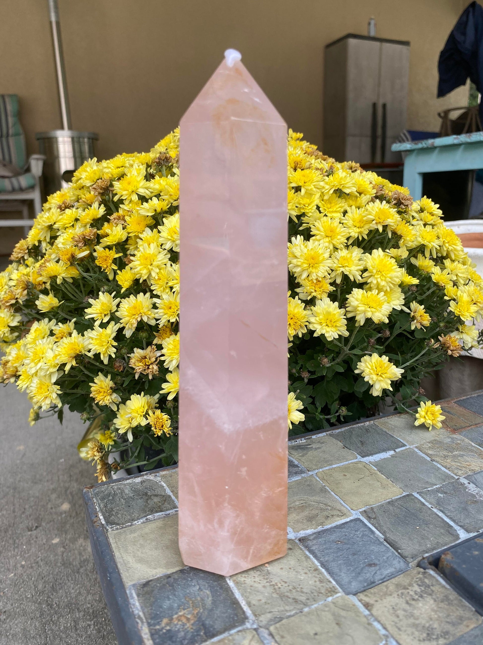 Pretty Rose Quartz Tower with Golden Healing Inclusions Points Wand Spiritual Meditation Energy Reiki Crystal Quartz Points Healing Love