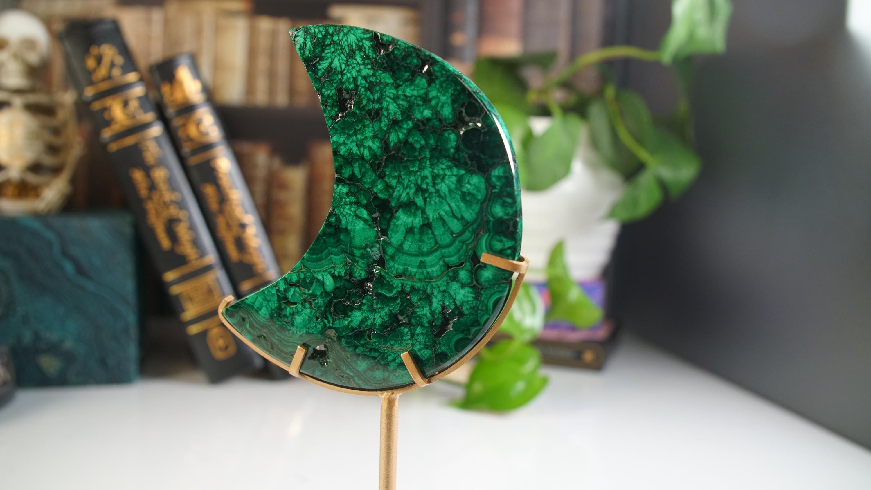 Green Malachite Moon With Stand | Carving | Protection Stress Anxiety Reiki | US Seller