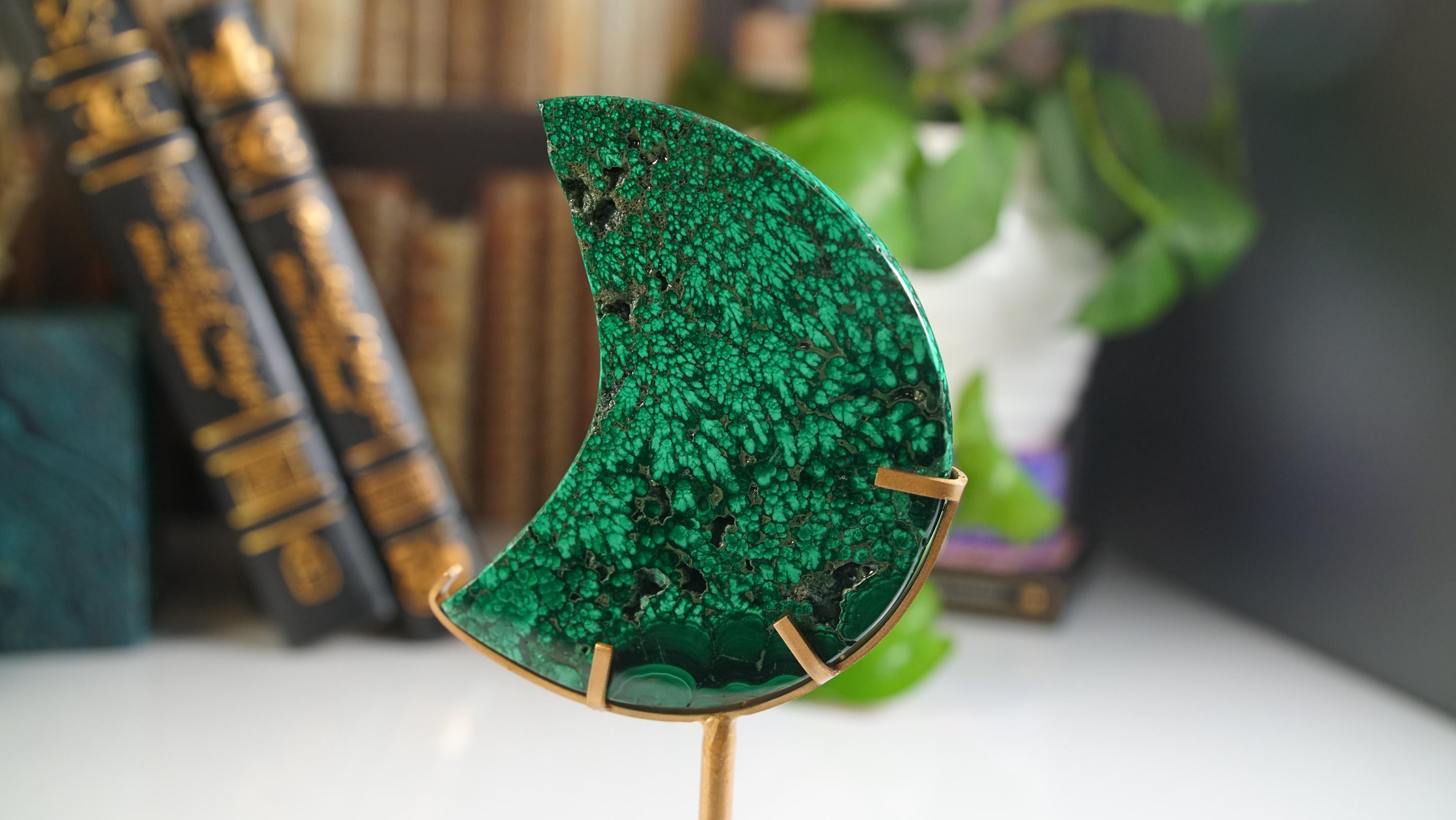 Green Malachite Moon With Stand | Carving | Protection Stress Anxiety Reiki | US Seller