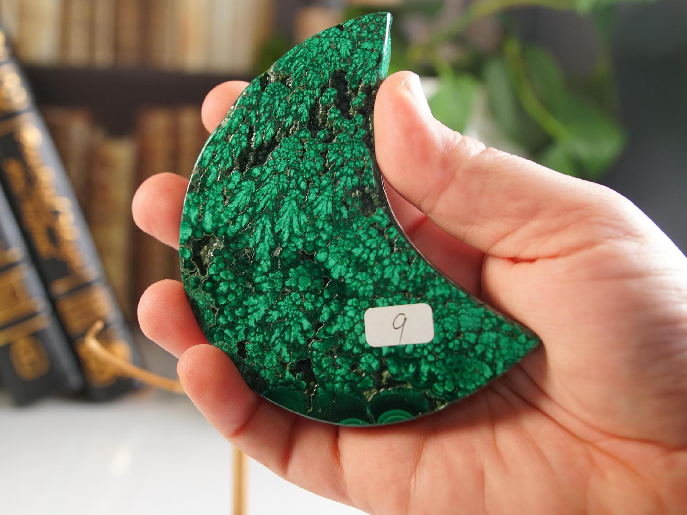 Green Malachite Moon With Stand | Carving | Protection Stress Anxiety Reiki | US Seller